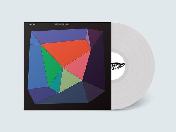 Albumcover mit geometrischem Design, Vinyl-Schallplatte rechts. Cover hat bunte Formen auf schwarzem Hintergrund.