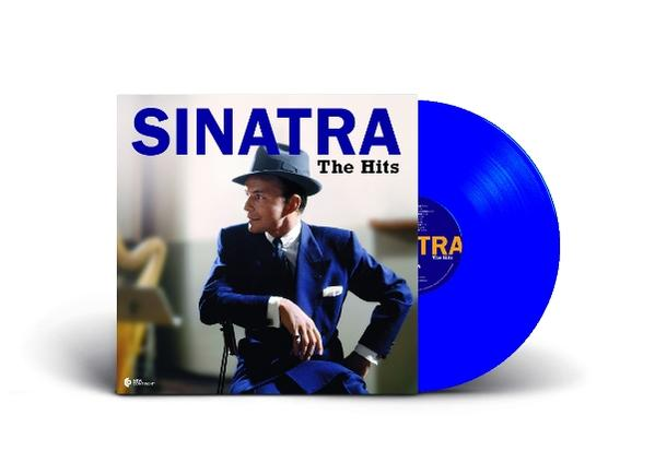 Albumcover von Sinatra: The Hits mit einer blauen Schallplatte. Sinatra in blauem Anzug und Hut ist auf dem Cover.