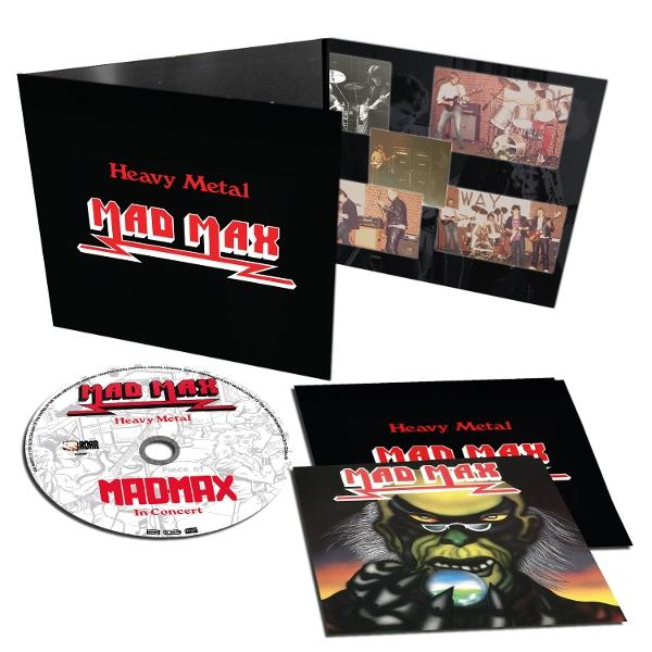 CD und Albumcover der Band Mad Max. Das Cover ist schwarz mit dem Logo der Band und Albumabbildungen. Eine CD ist sichtbar.