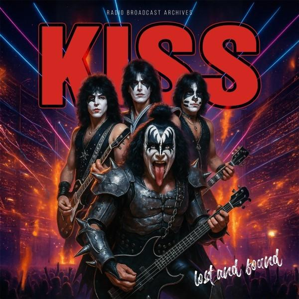 Die Band KISS mit Make-up, Gitarren haltend. Das Wort KISS steht oben. Die Worte 'lost and found' stehen unten. Im Hintergrund ist eine Menschenmenge.