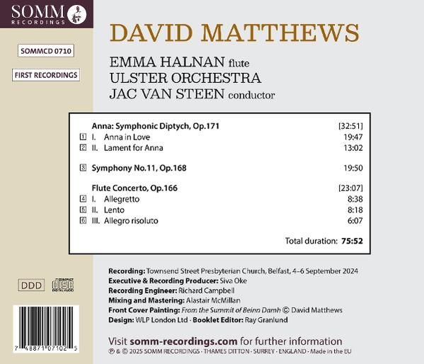 Albumcover mit Text, der Kompositionen von David Matthews auflistet, aufgeführt von Emma Halnan und dem Ulster Orchestra.