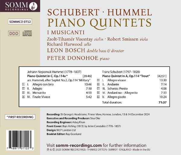 CD-Cover mit Text über Schubert- und Hummel-Klavierquintette. Enthält Namen von Musikern und Titellisten.