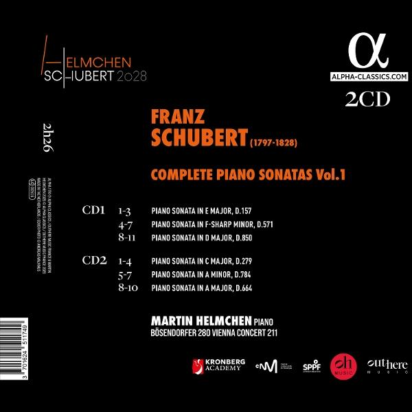 CD-Cover mit Franz Schuberts kompletten Klaviersonaten. Mit dem Künstler Martin Helmchen. Schwarzes und oranges Farbschema.