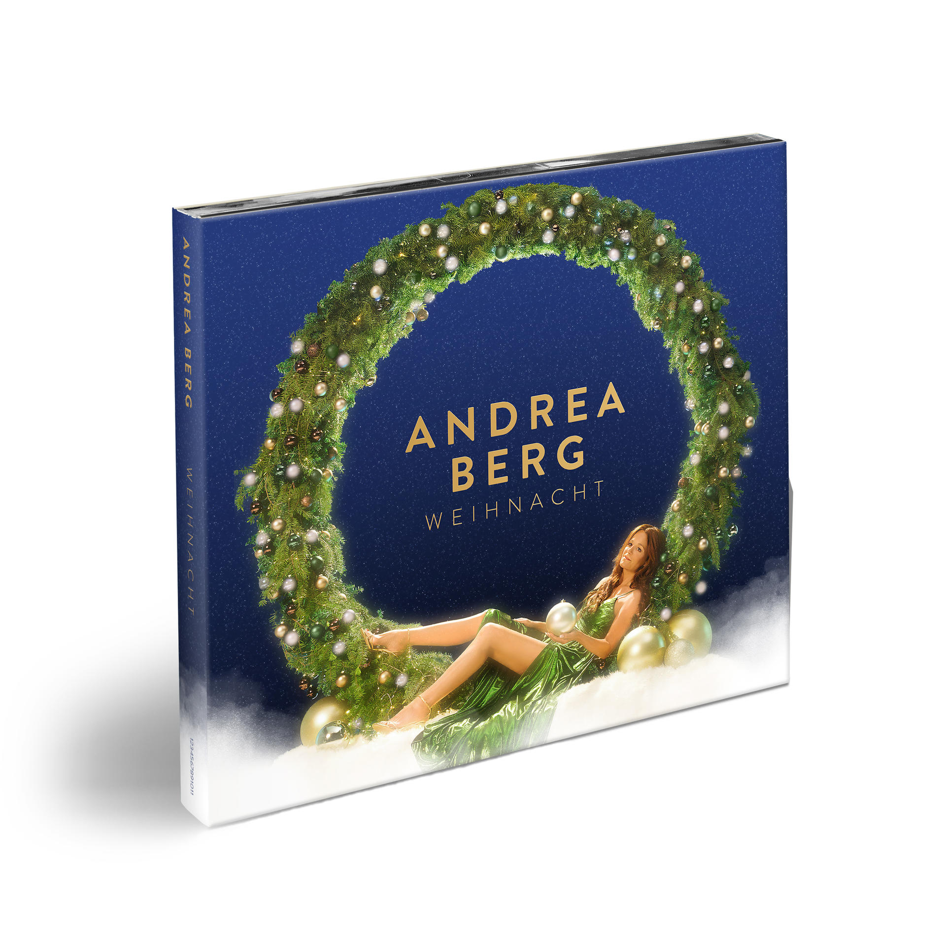 CD-Cover: Andrea Berg in grünem Kleid, liegt auf einer Wolke, mit einem Weihnachtskranz um sie herum und dem Titel.