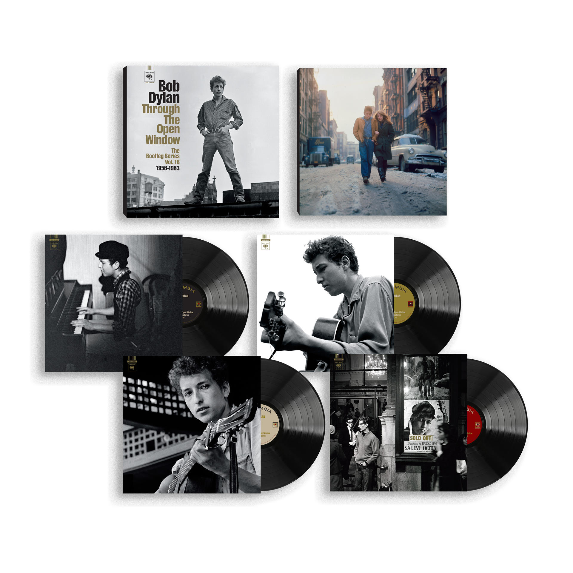 Albumcover und Fotos von Bob Dylan, darunter Albumkunst, Live-Aufnahmen und ein 'Ausverkauft'-Plakat.