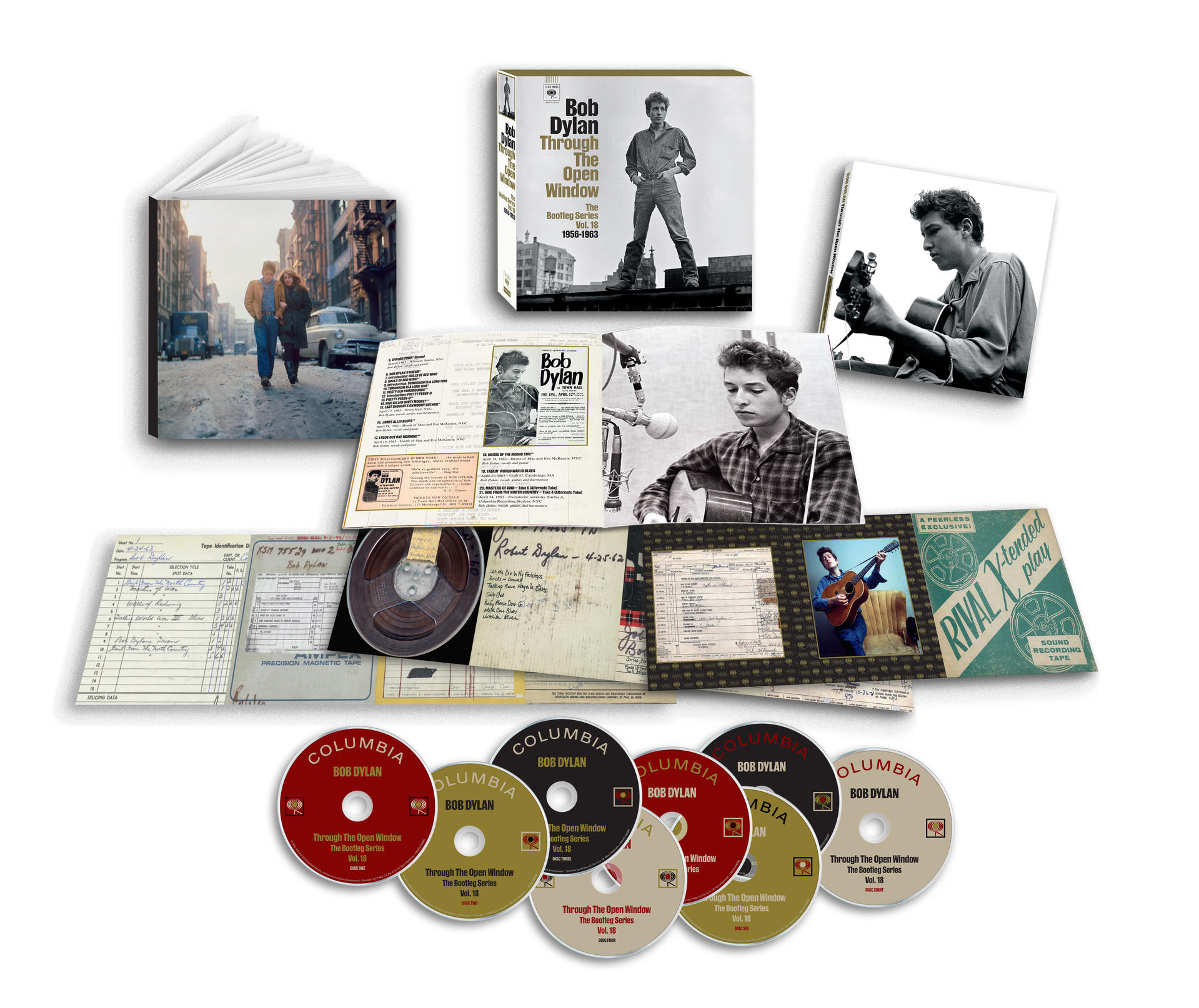 Zusammenstellung von Bob Dylan-Alben, CDs und Erinnerungsstücken, darunter Fotos und Tonbänder.