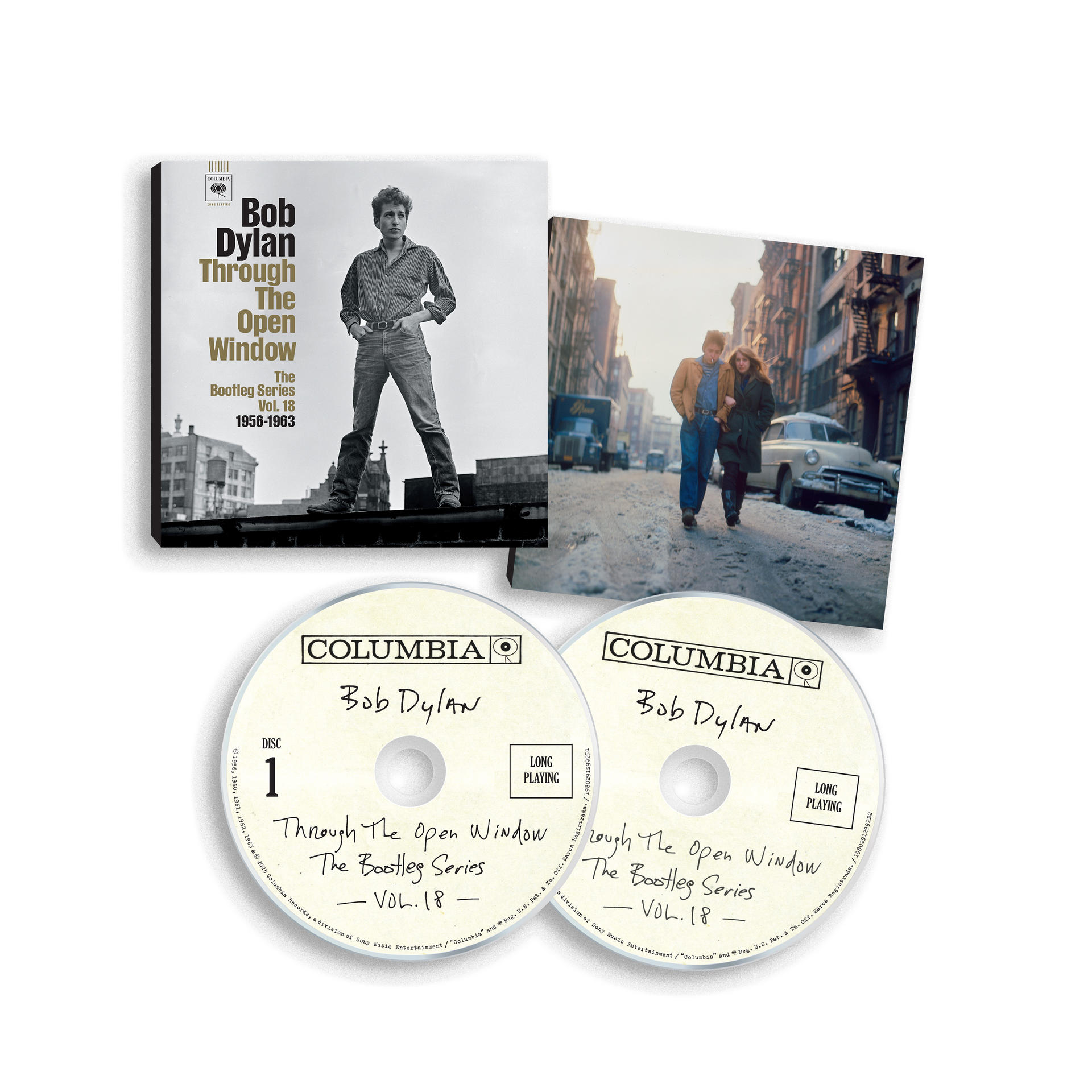 Albumcover mit Bob Dylan auf einem Dach, CDs und ein Foto von ihm mit einer Frau in einer Stadt.