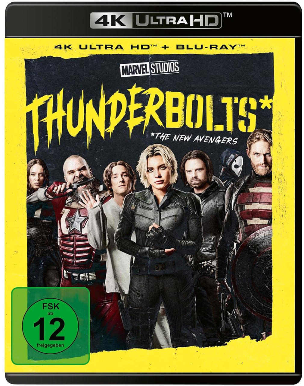 Filmcover mit Heldengruppe. Titel 'Thunderbolts'. Charaktere sind blonde Frau, Winter Soldier und andere. Freigegeben ab 12.