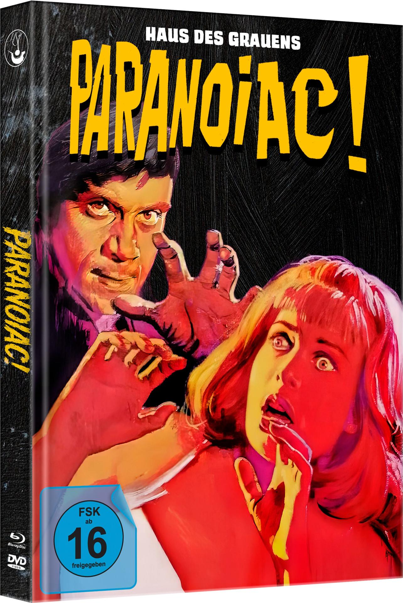 Ein Filmplakat zeigt einen Mann, der nach einer Frau greift. Der Titel lautet 'Paranoiac!' in gelben Buchstaben. Der Hintergrund ist schwarz.