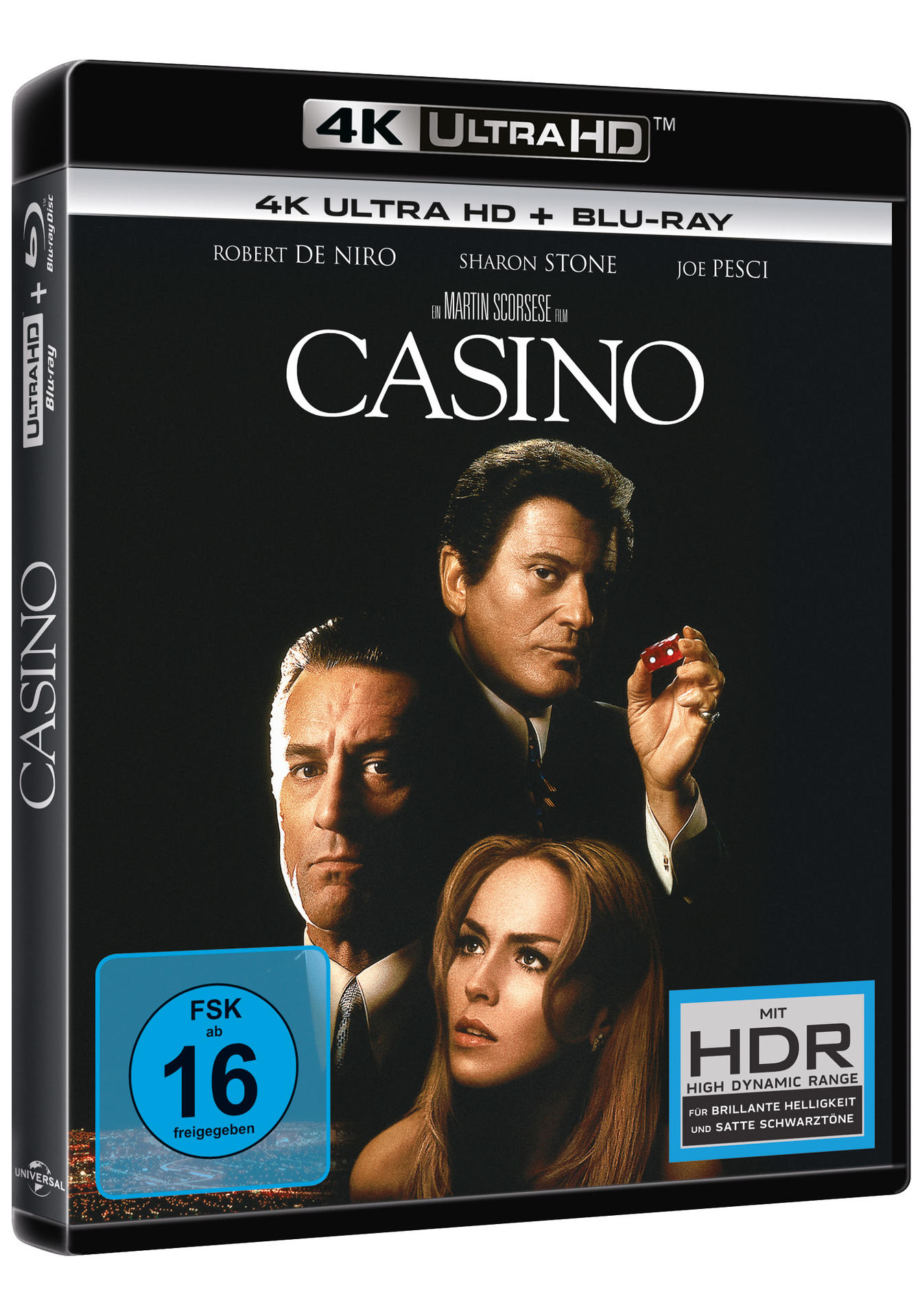 Casino Blu-ray-Cover. Mit Robert De Niro, Sharon Stone und Joe Pesci. Der Titel steht in großen weißen Buchstaben auf schwarzem Grund.