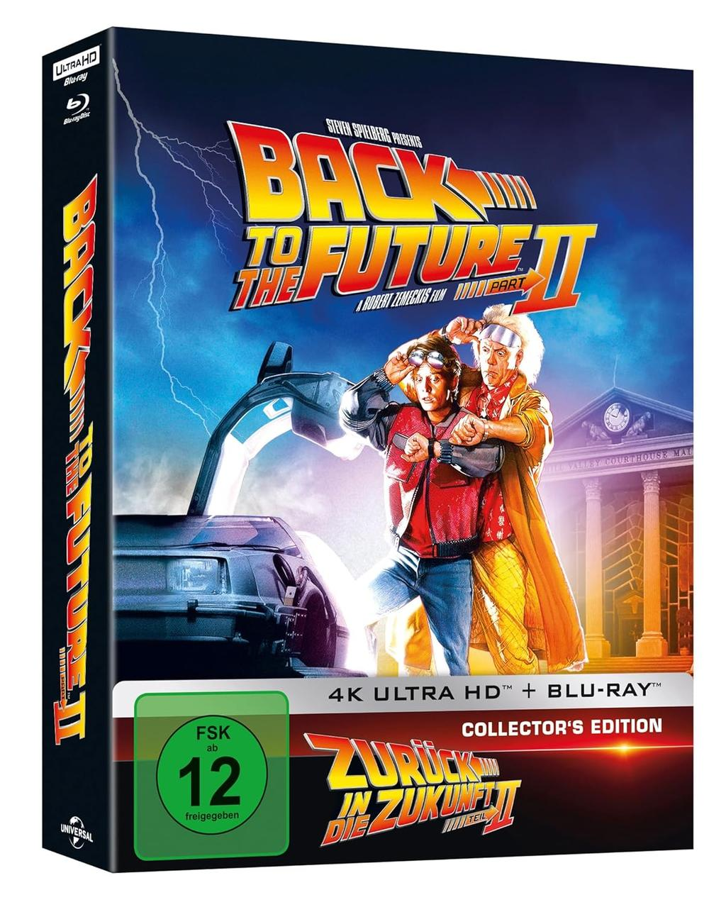 Filmcover von Zurück in die Zukunft II. Zeigt Charaktere vor dem Gericht, DeLorean-Auto und Text.