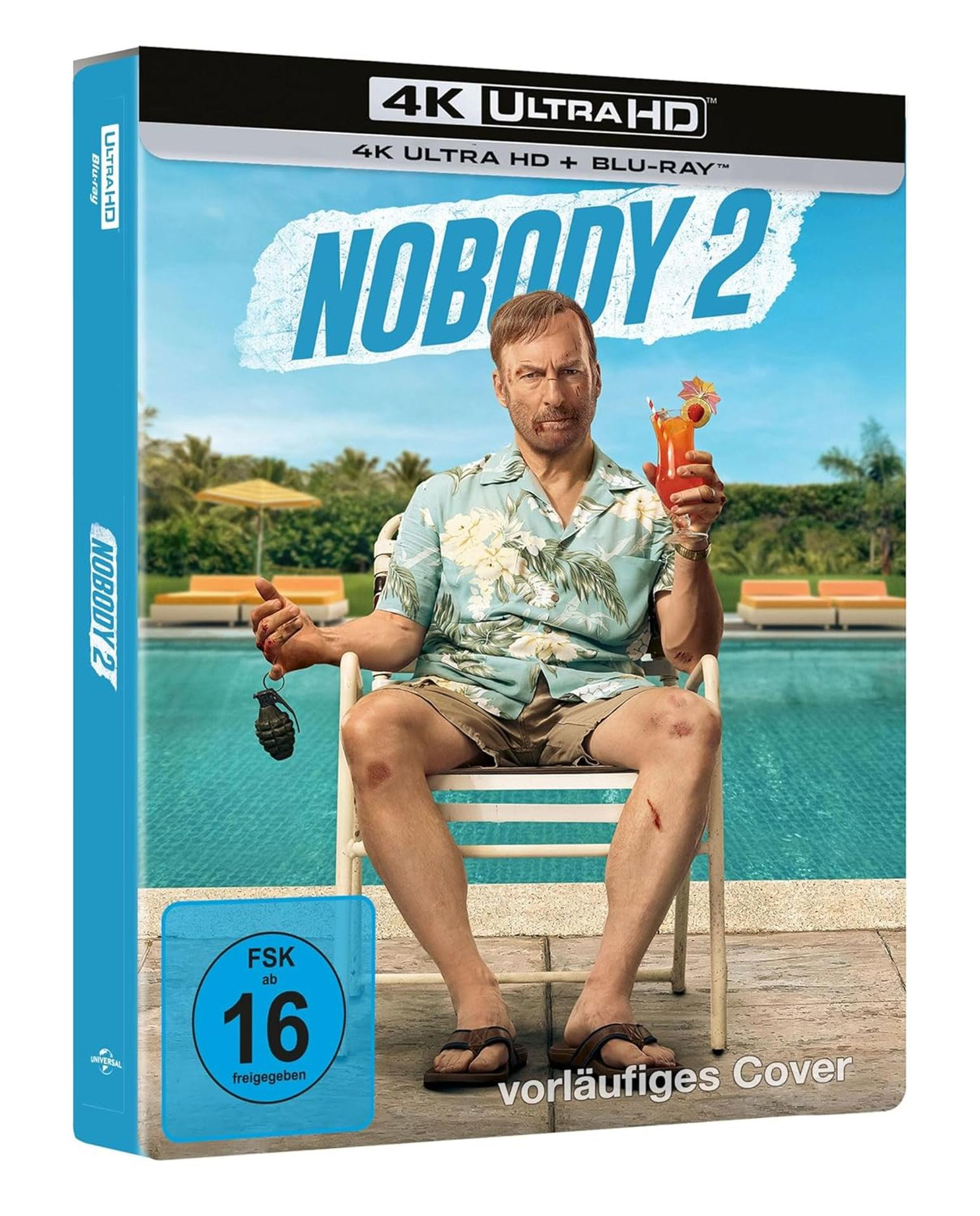 Filmcover: Mann mit Cocktail und Granate am Pool. Titel: Nobody 2. 4K Ultra HD Blu-ray.