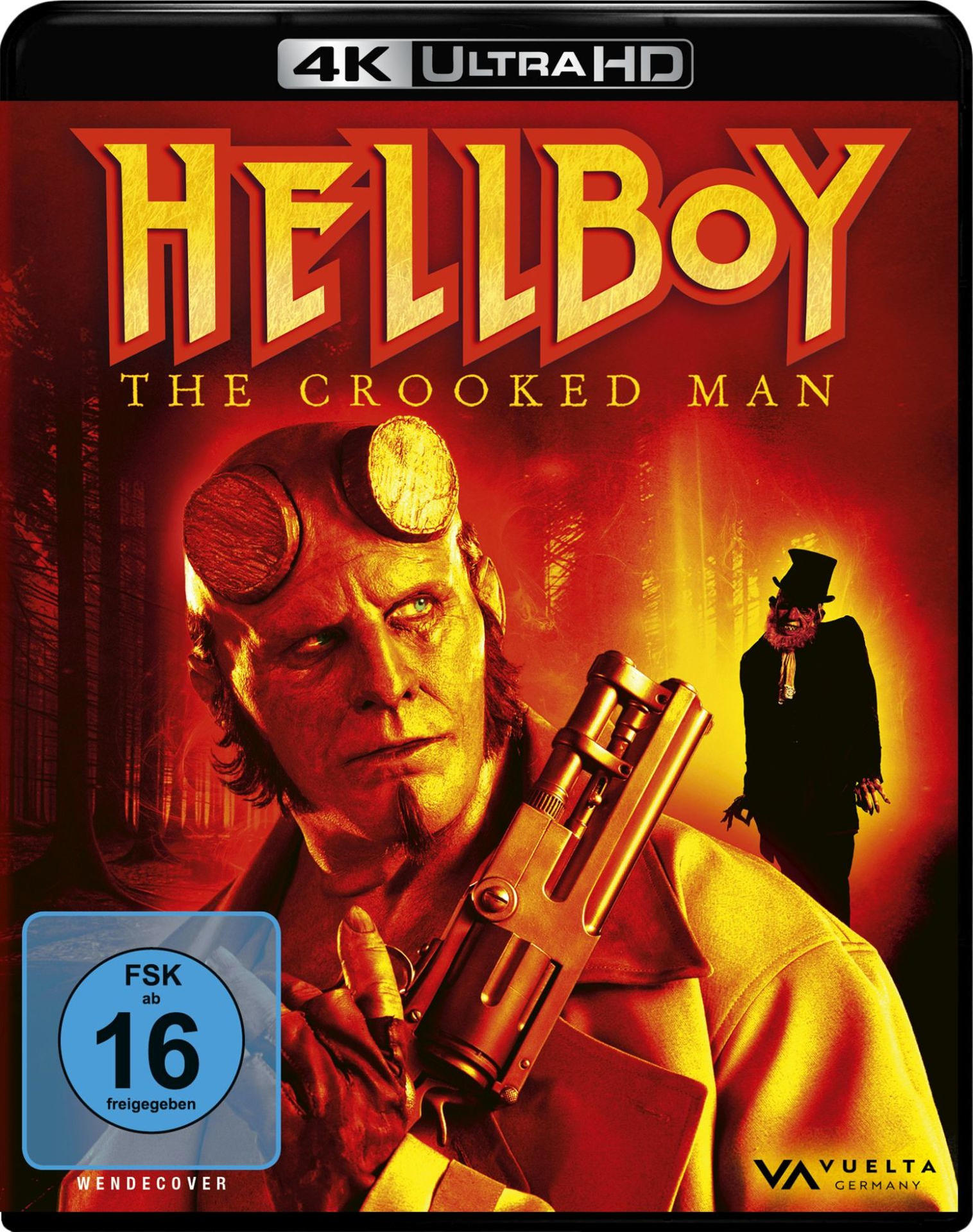 Hellboy-Filmcover. Hellboy mit Hörnern und einer Waffe, der Crooked Man im Hintergrund. Rotes und gelbes Farbschema.