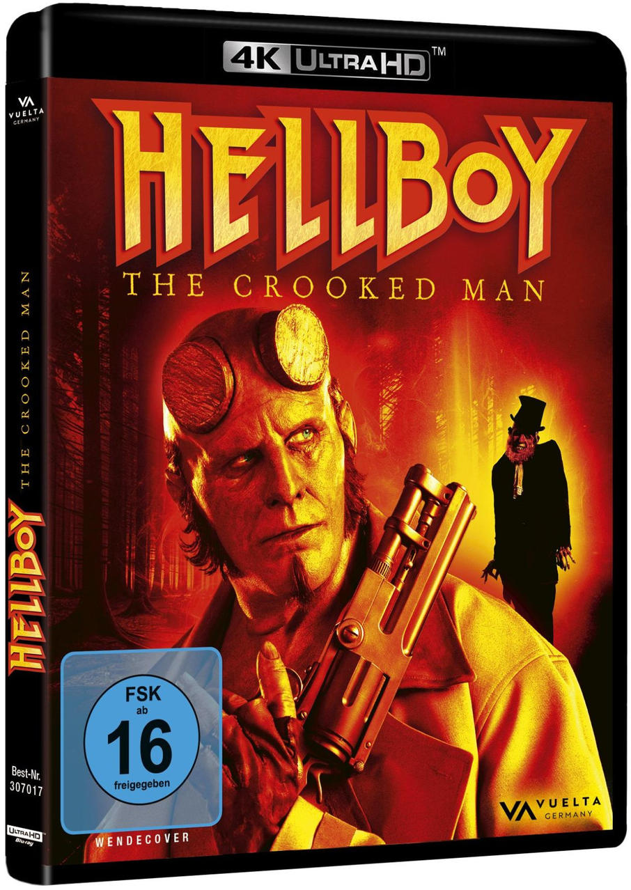 Hellboy DVD-Cover. Hellboy mit Waffe, Crooked Man und Titel. Roter Hintergrund.