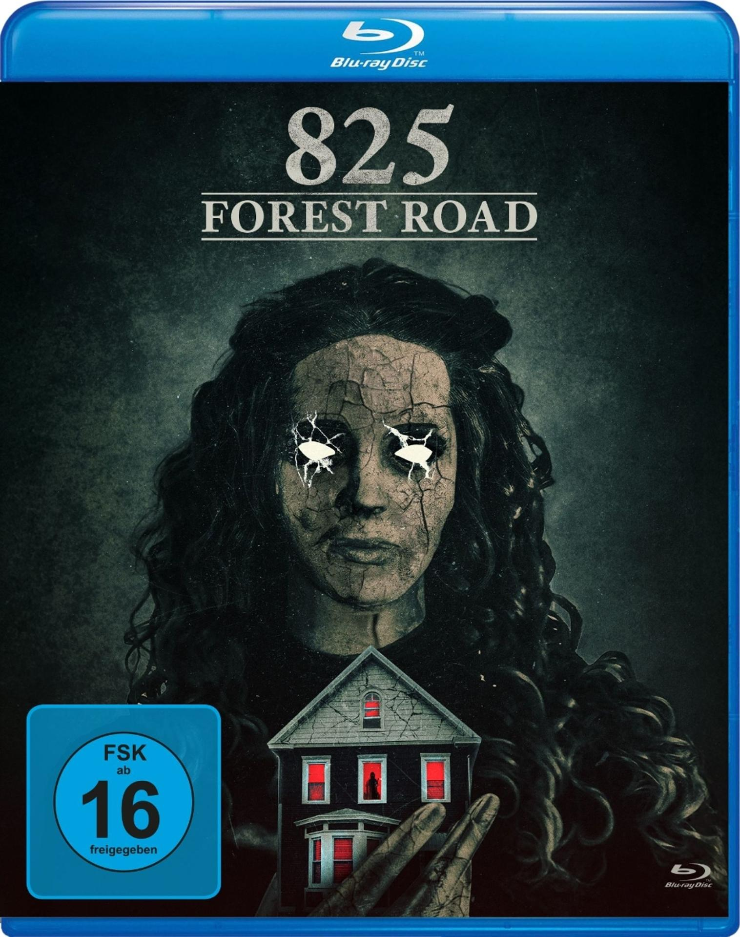Blu-ray-Cover von „825 Forest Road“ zeigt ein rissiges Gesicht, leuchtende Augen und ein Haus mit roten Fenstern. FSK 16 Logo.