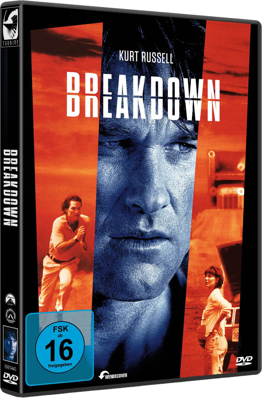 DVD-Cover von Breakdown. Kurt Russells Gesicht dominiert, mit Mann und Frau. Text: Breakdown. Bewertung: 16.
