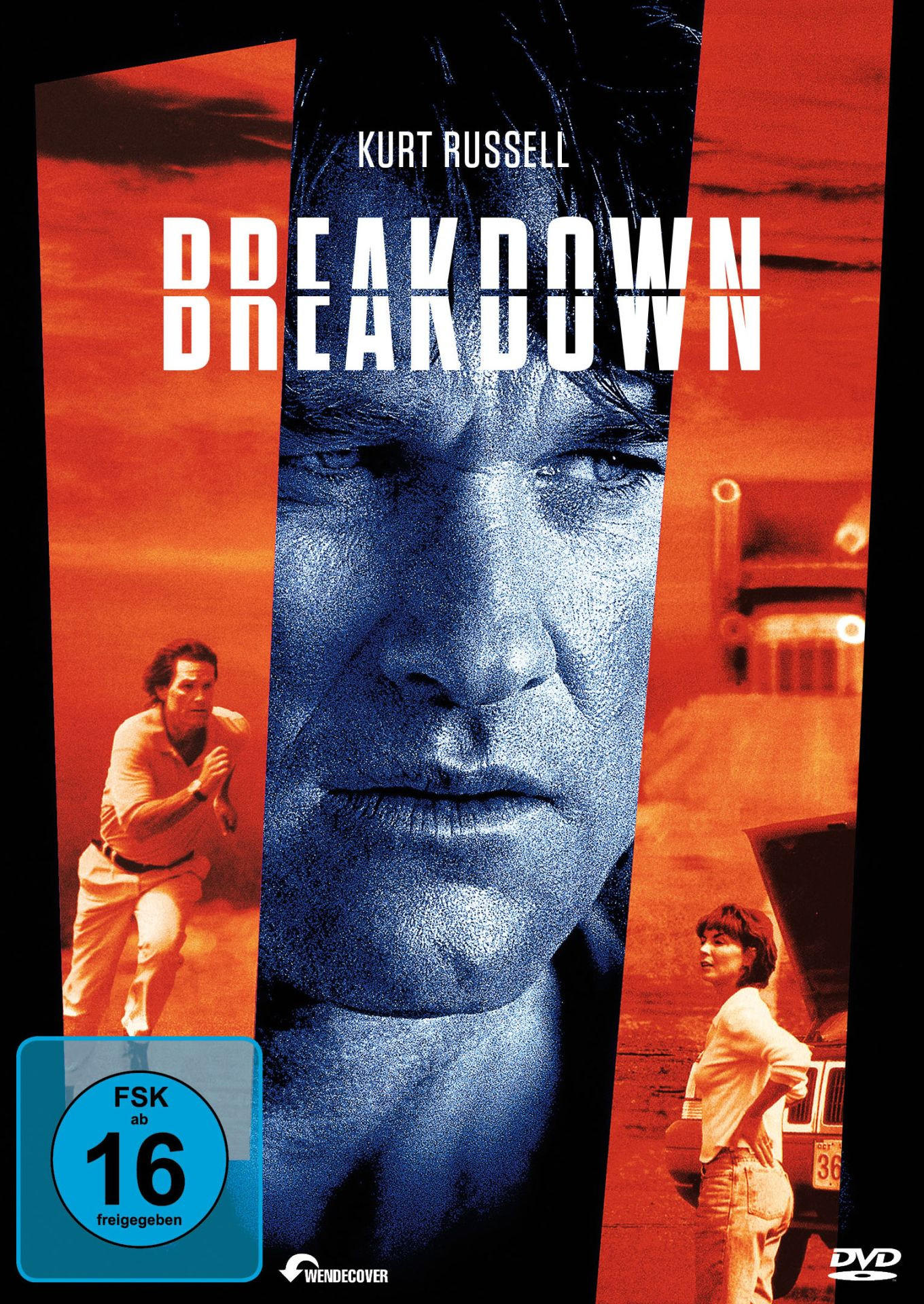 Filmposter für Breakdown. Zeigt Kurt Russells Gesicht, den Titel und Bilder von Personen. DVD-Logo und FSK 16-Rating sind sichtbar.