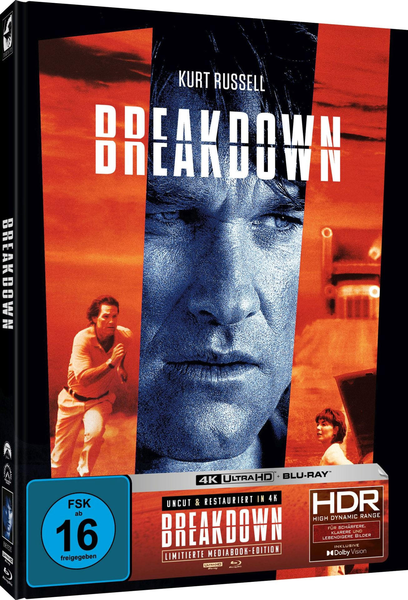 Filmcover für 'Breakdown' mit Kurt Russell. Zeigt ein Gesicht, rennenden Mann und Frau. Blu-ray, 4K Ultra HD und HDR-Labels.