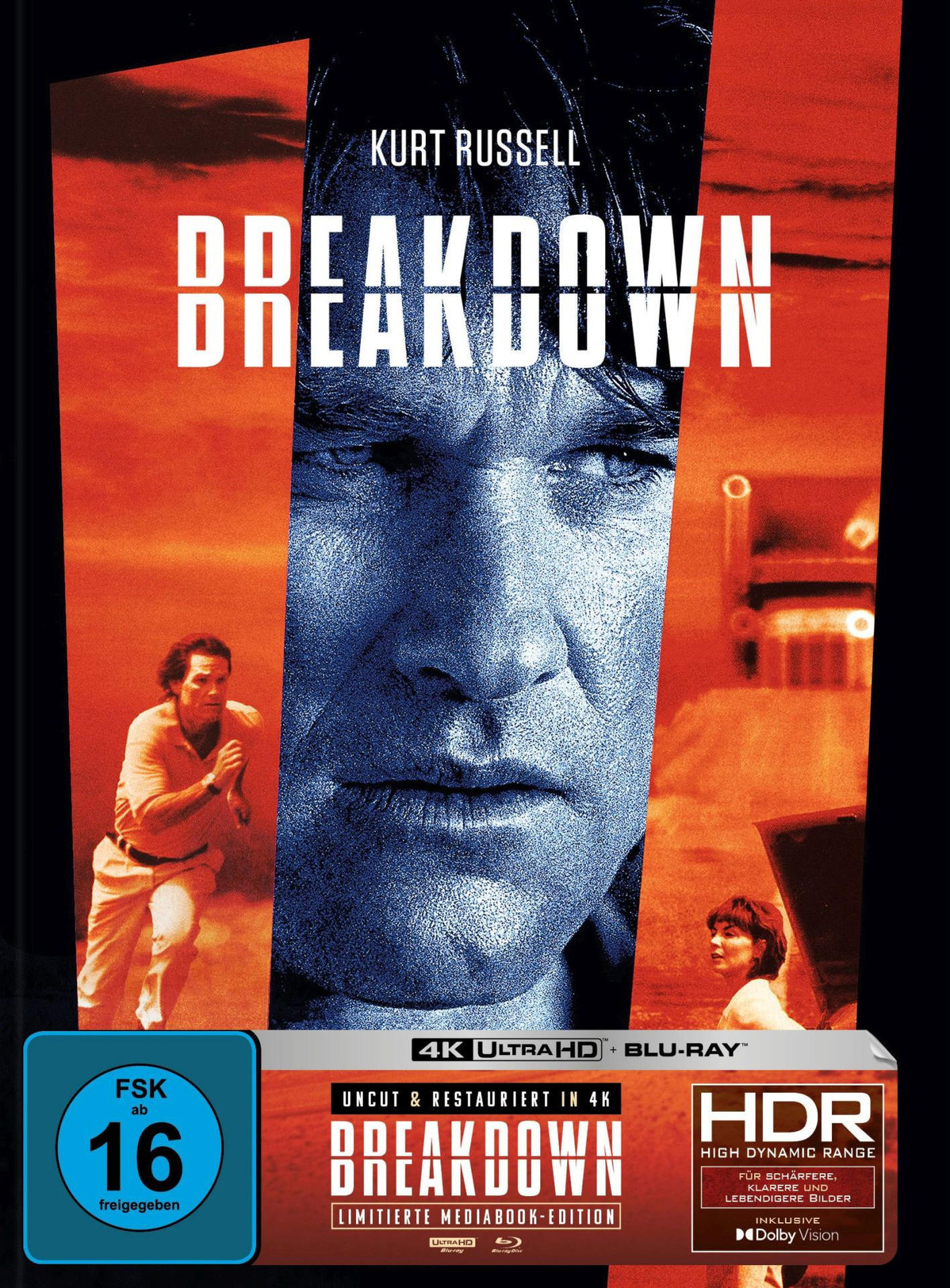 Filmcover von 'Breakdown'. Kurt Russells Gesicht ist prominent. Andere Figuren sind im Hintergrund, mit Text und Logos.