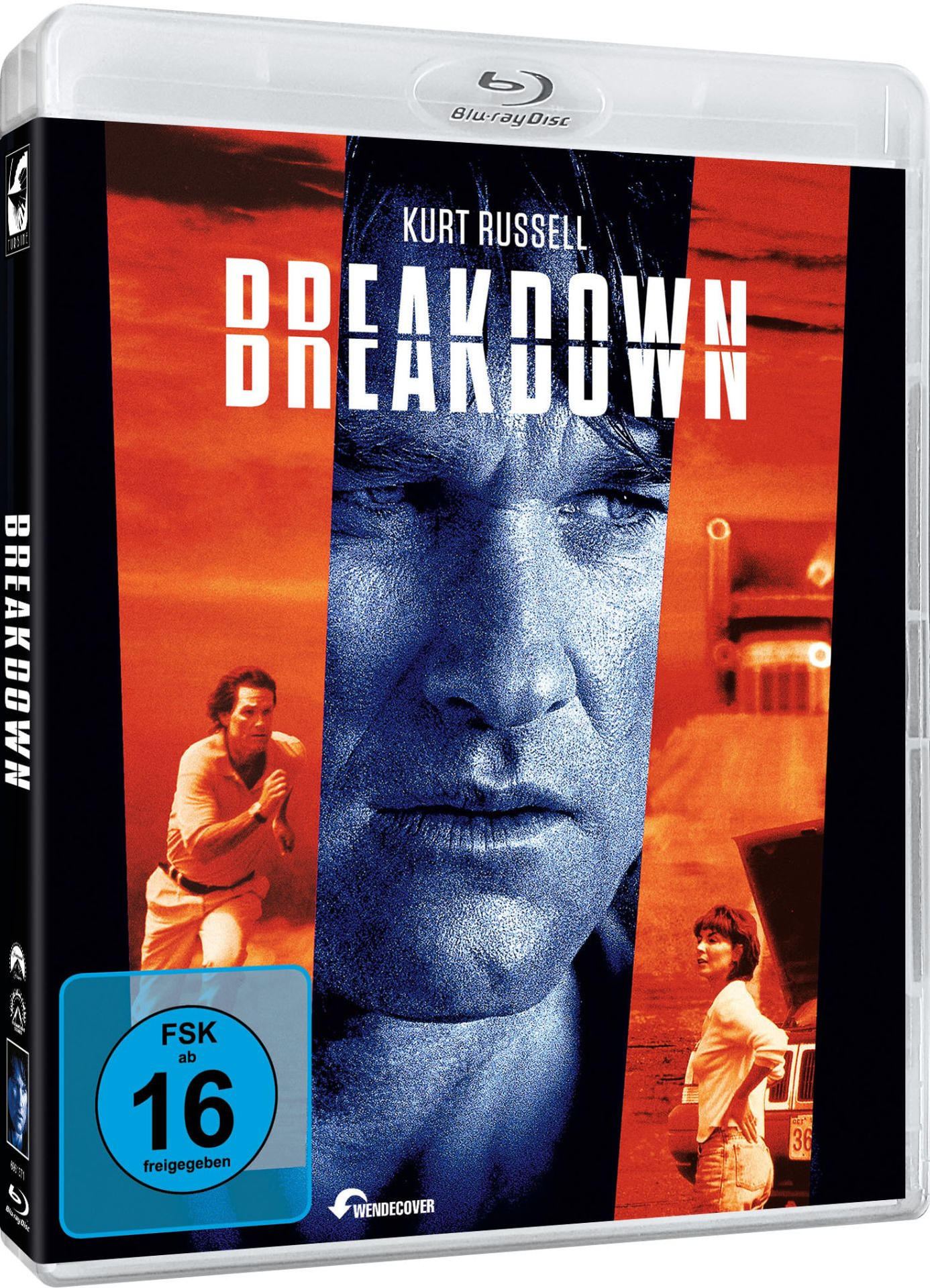 Blu-ray-Cover von 'Breakdown' mit Kurt Russell. Verfügt über Orange- und Blautöne. Eine Frau und ein Mann sind ebenfalls zu sehen.
