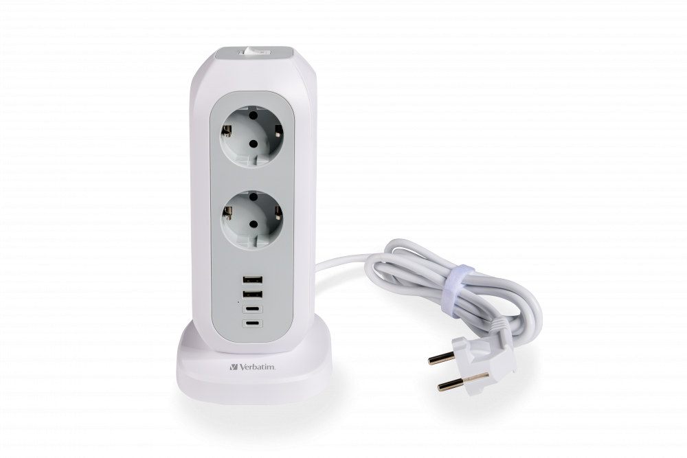 Biała listwa zasilająca z dwoma gniazdami, portami USB i białym kablem z wtyczką na czarnym tle.