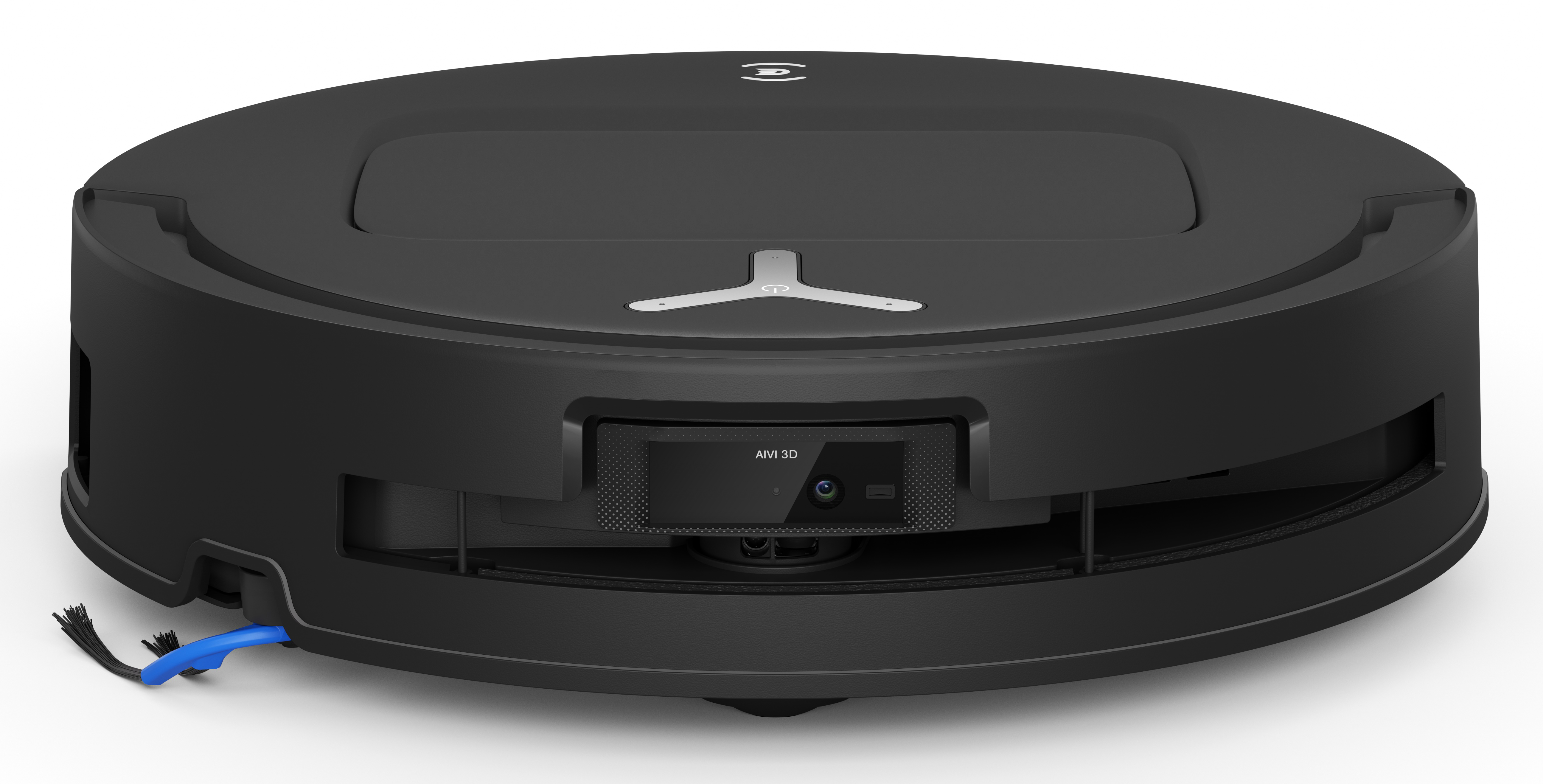 Czarny robot odkurzający. Ma okrągły kształt z płaską górną powierzchnią i przednim aparatem. Ma również niebieską szczotkę.