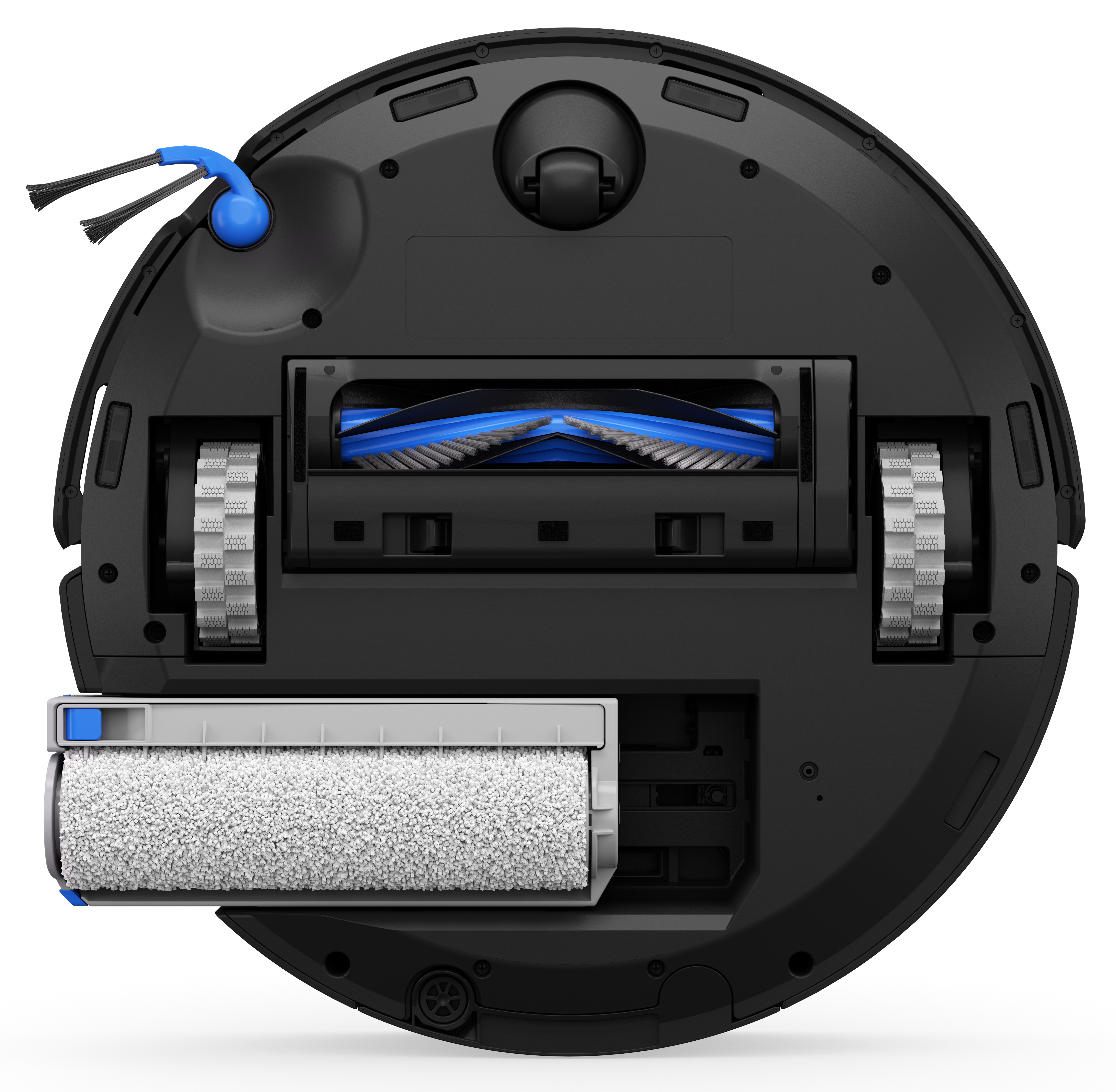 Czarny i niebieski odkurzacz automatyczny, widok od dołu. Zawiera szczotki, koła i wałek czyszczący.
