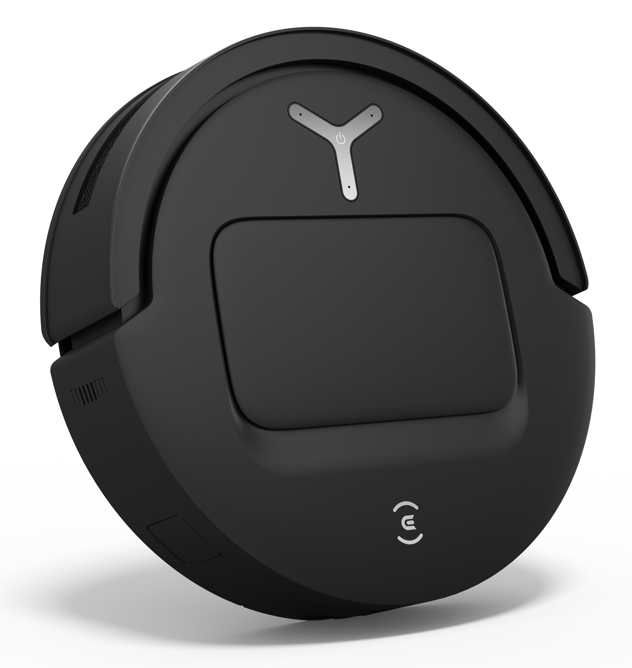 Czarny, okrągły robot odkurzający na białym tle. Ma przycisk zasilania i prostokątną sekcję.