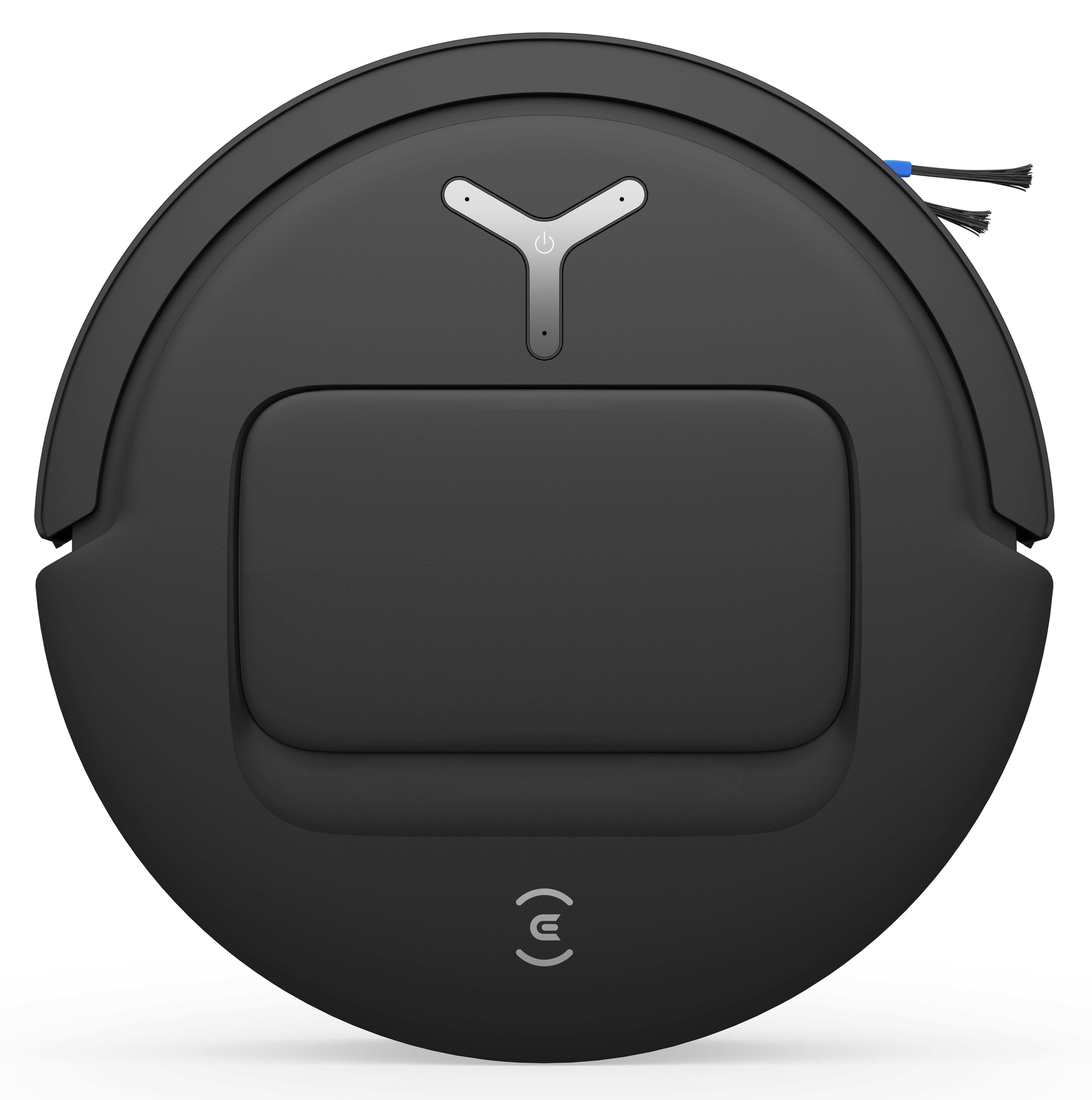 Czarny, okrągły robot odkurzający, ze srebrnym przyciskiem zasilania i dwiema szczotkami. Odkurzacz ma prostokątny panel.