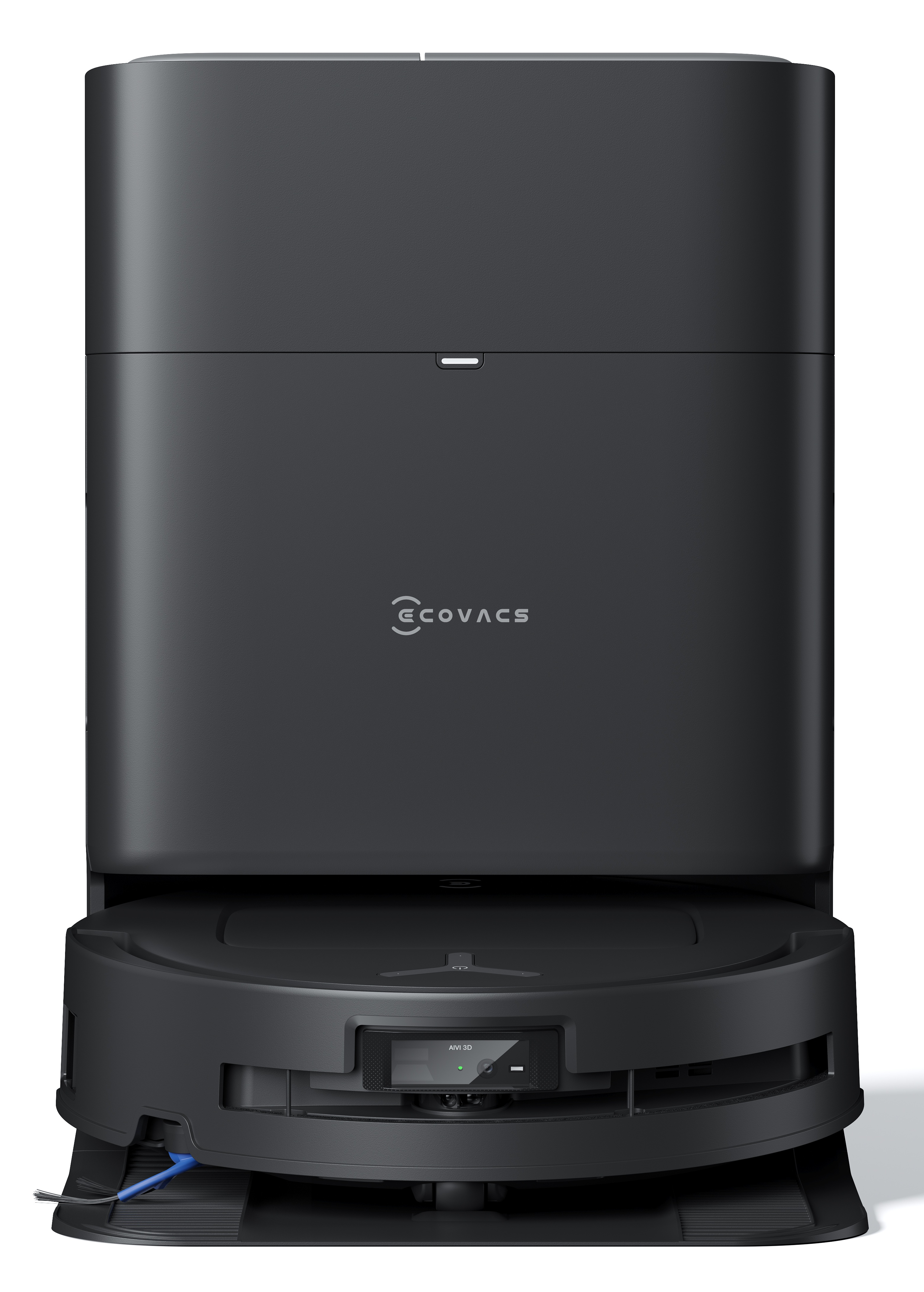 Ciemnoszary robot odkurzający. Ma dużą górną część i okrągłą dolną część czyszczącą.