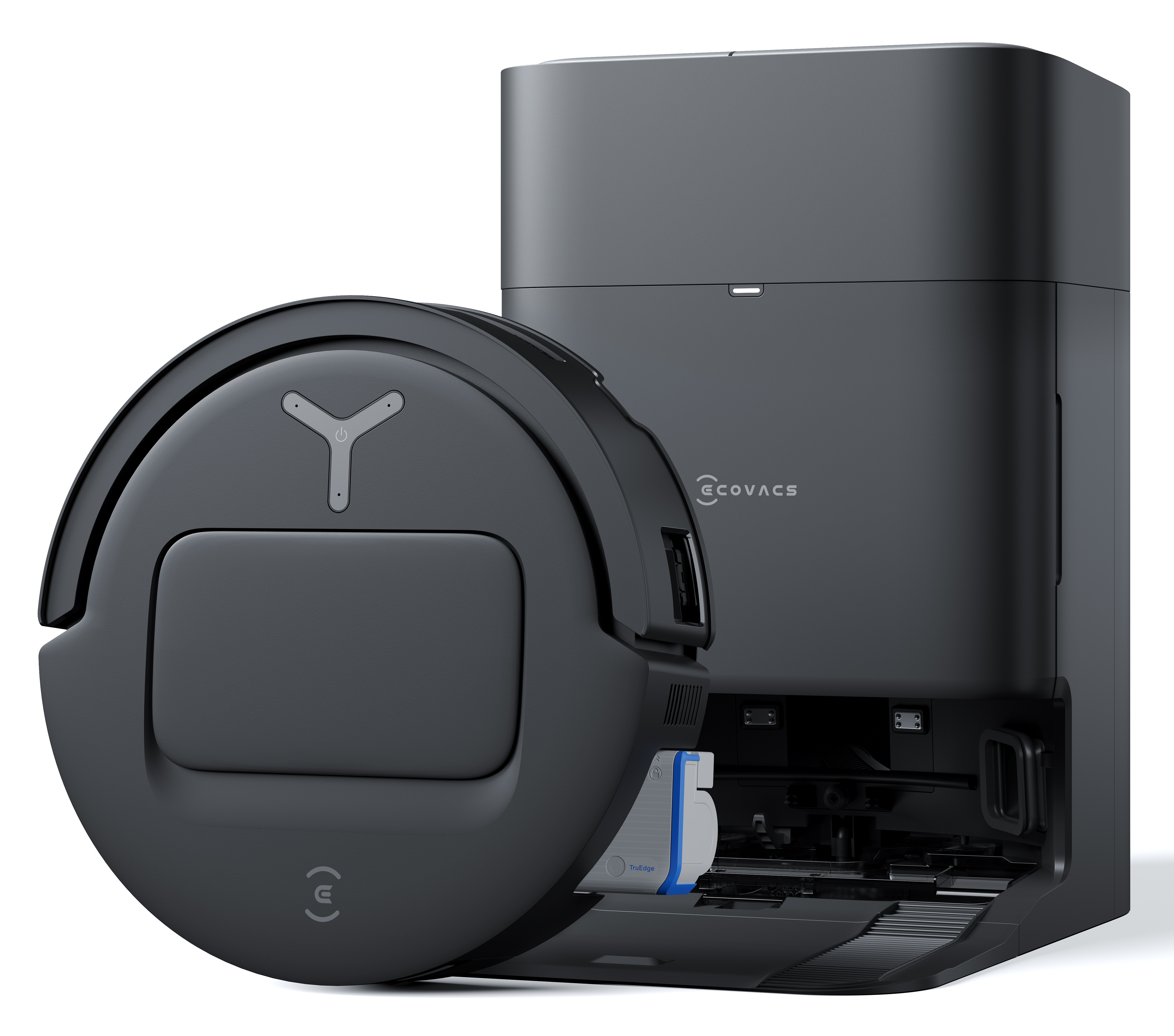 Ciemnoszary robot odkurzający ze stacją ładującą. Odkurzacz jest okrągły z przyciskiem 'Y'. Stacja jest prostokątna.