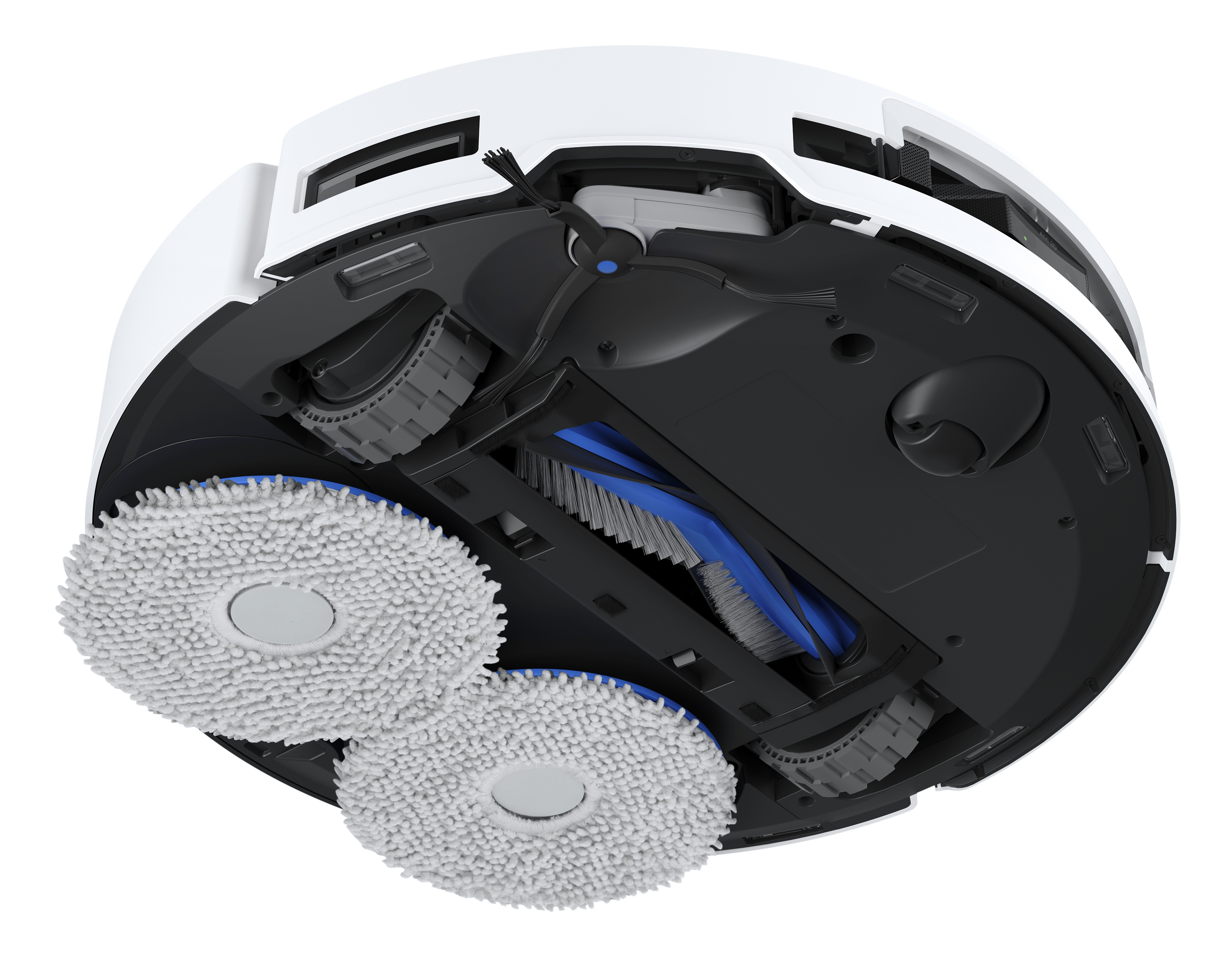Robot odkurzający. Biały wierzch, czarny spód. Widoczne są dwie okrągłe nakładki czyszczące, szczotki i koła.