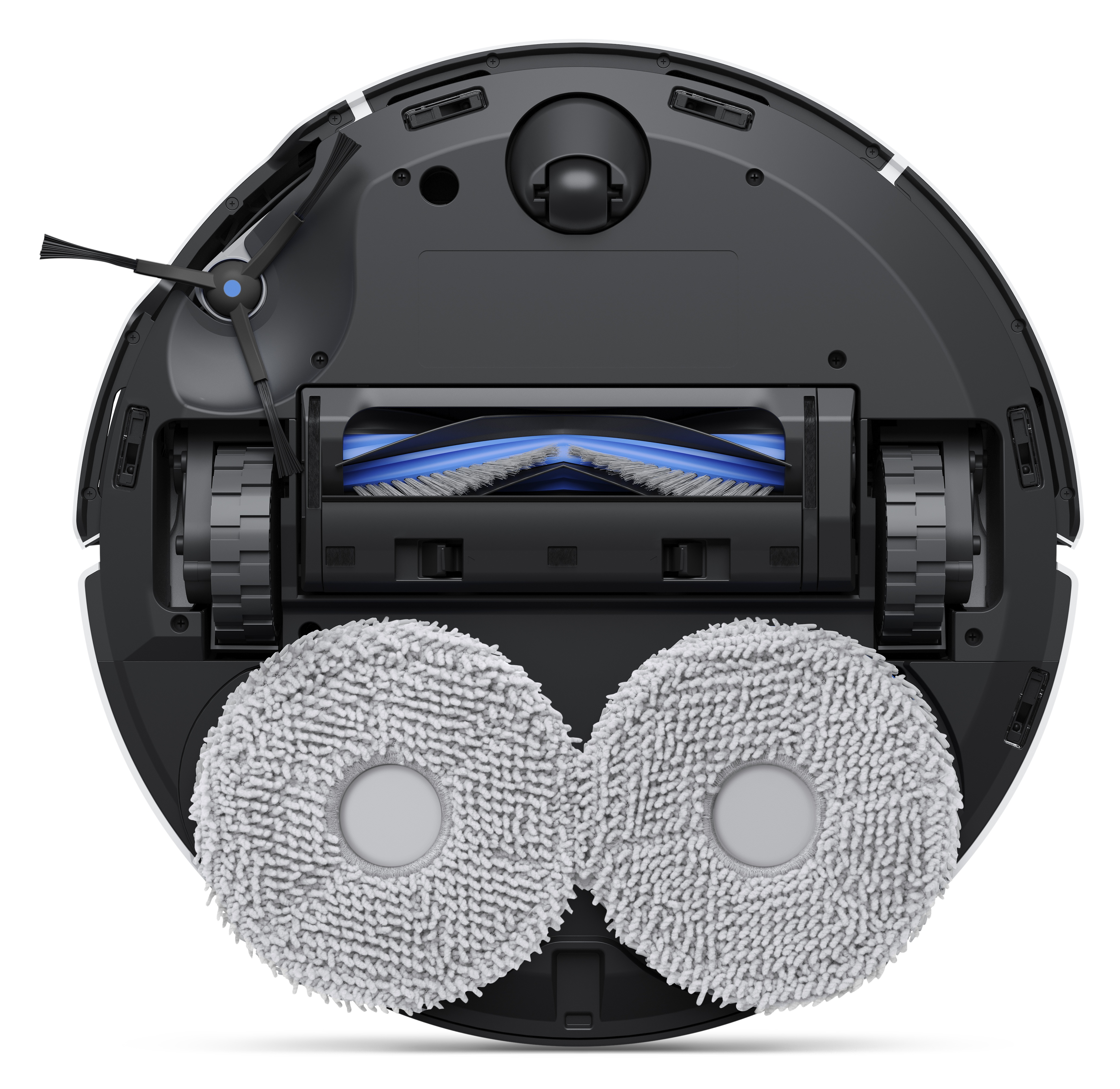 Spód czarno-białego robota odkurzającego. Zawiera koła, szczotki i dwie okrągłe nakładki do mopowania.