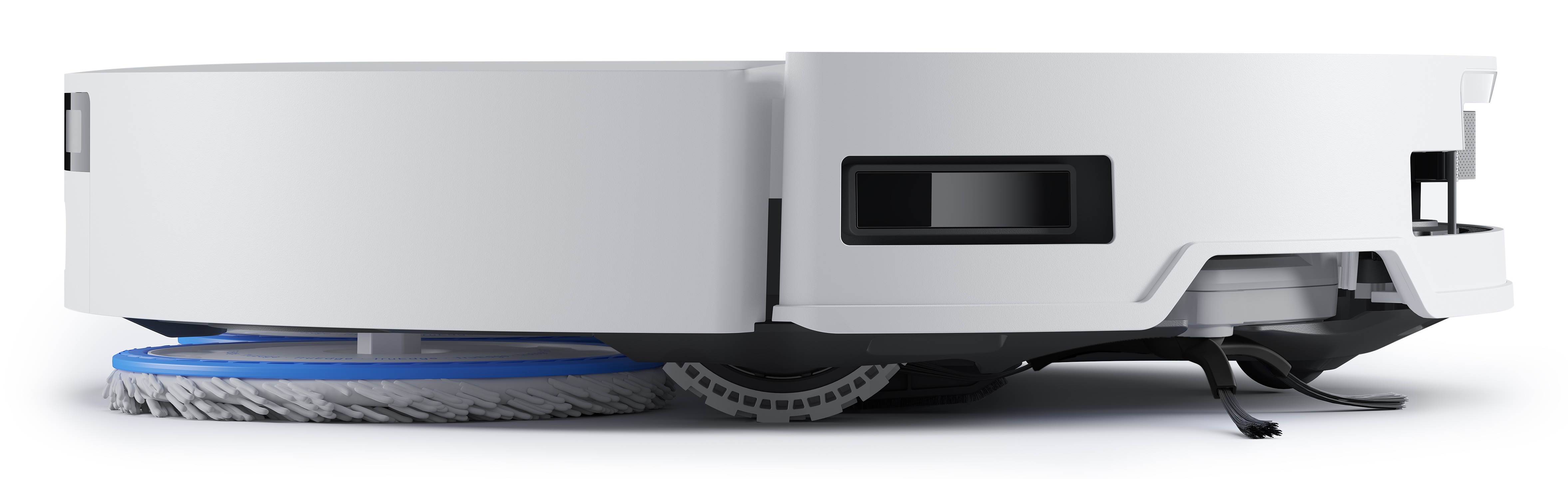 Biały robot odkurzający. Ma okrągłą szczotkę, prostokątny korpus i czarne koło. Z boku ma małe okno.