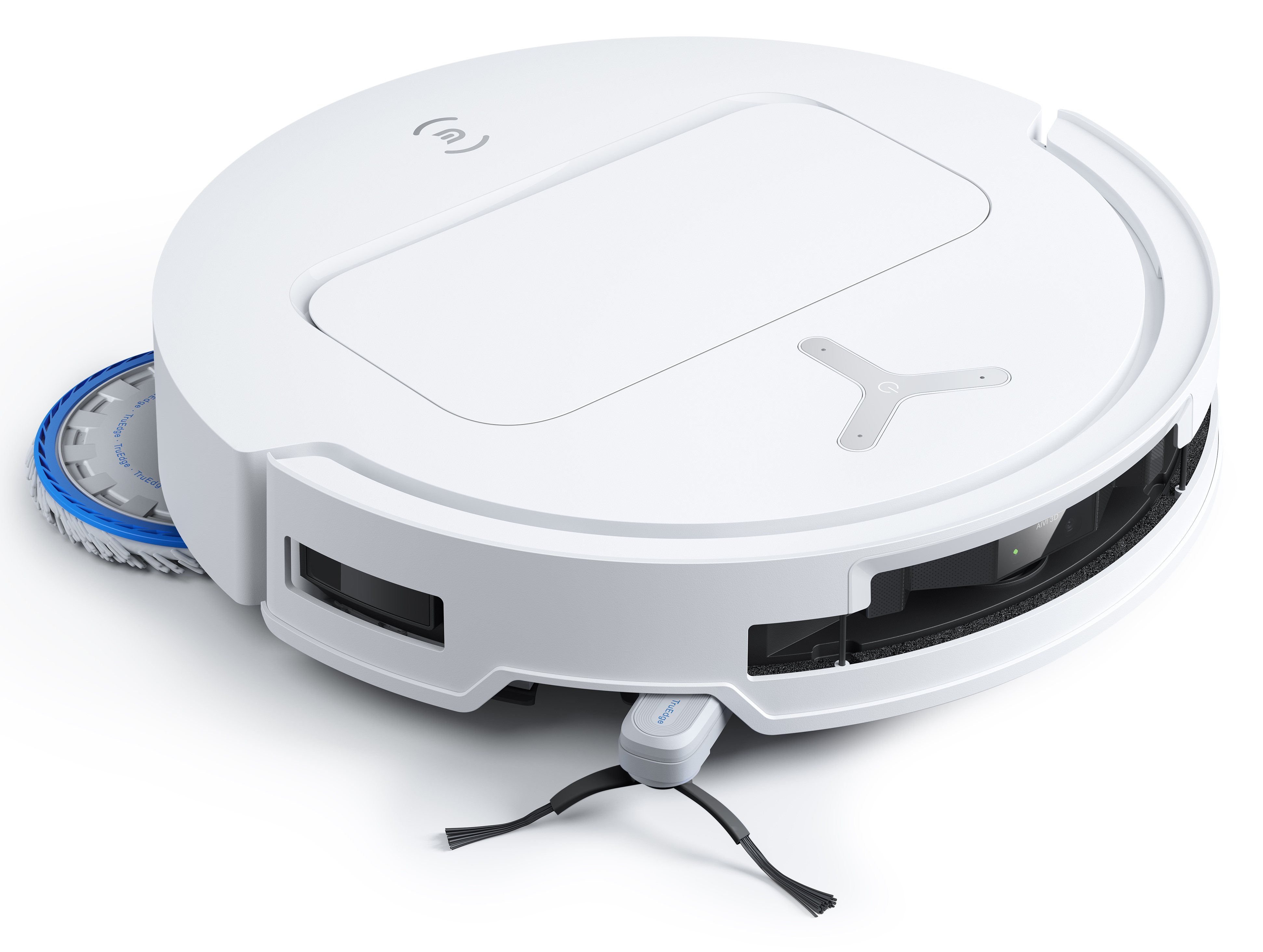 Biały robot odkurzający z okrągłym korpusem, szczotką boczną i centralną szczotką czyszczącą.