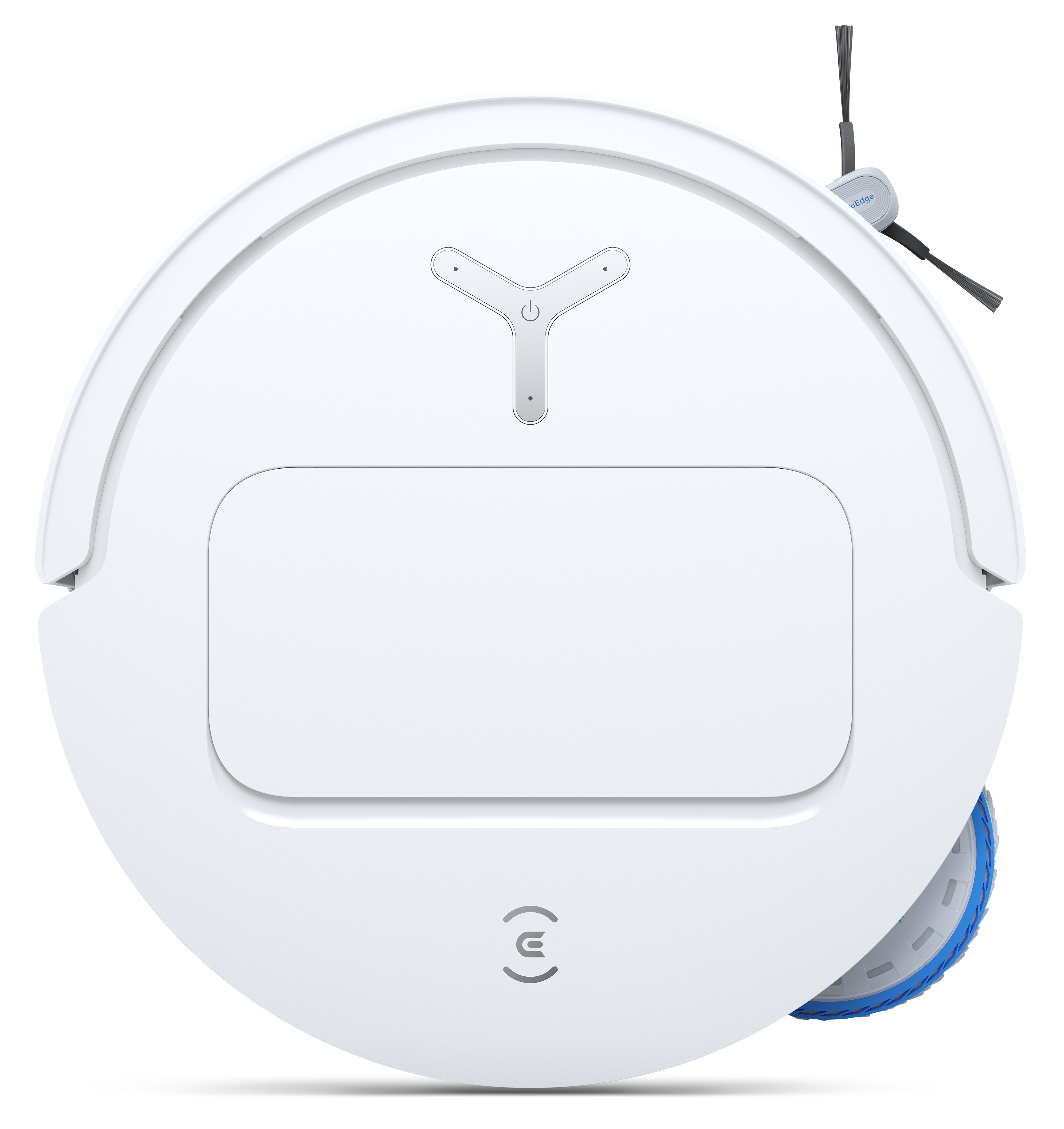 Biały, okrągły odkurzacz robot. Ma przycisk zasilania, prostokątny panel i niebieskie koło.