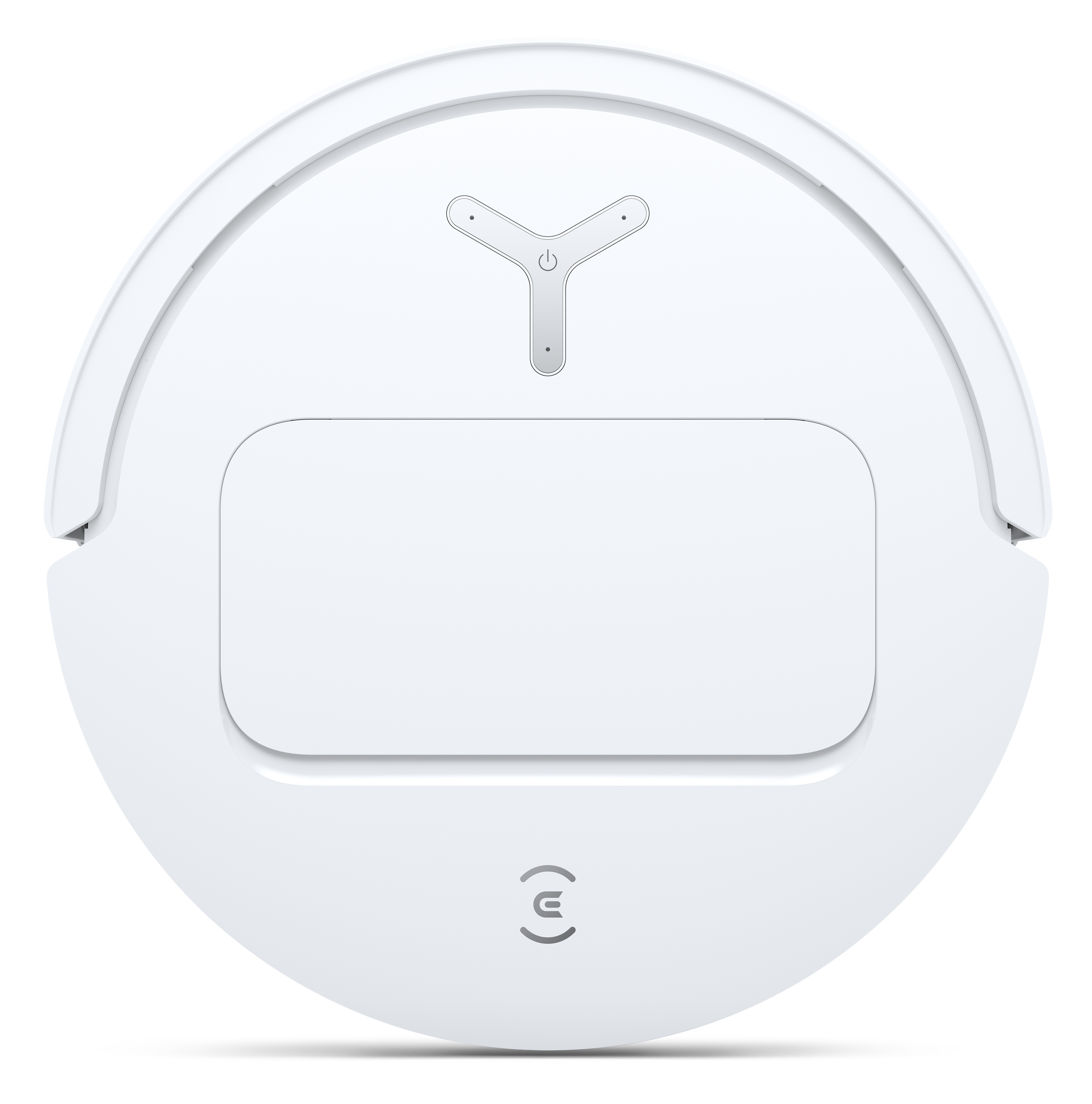 Biały odkurzacz automatyczny. Ma okrągły kształt z prostokątną pokrywą i przyciskiem zasilania u góry.