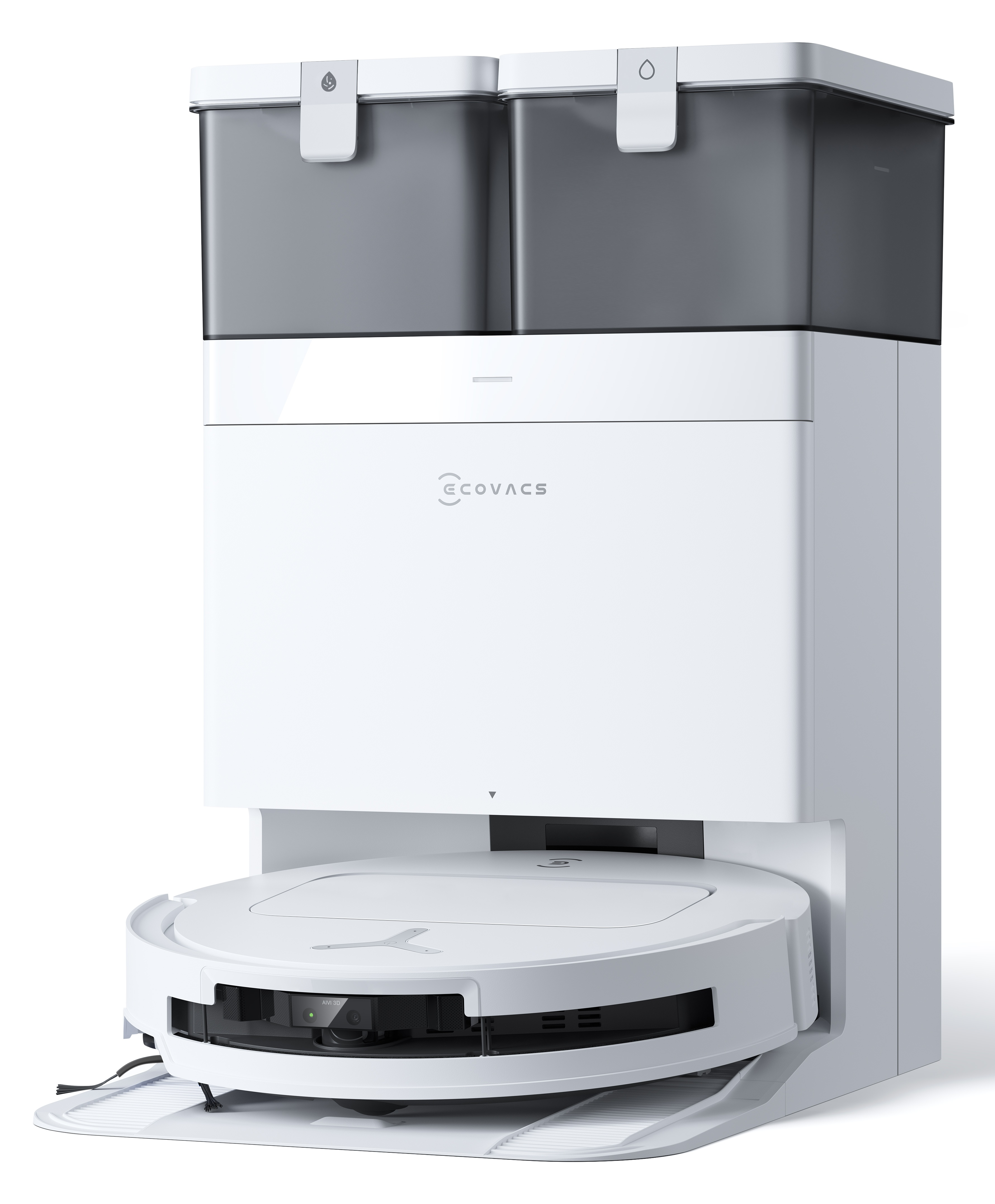 Biały i szary robot sprzątający ze stacją ładującą. Stacja ma dwa ciemnoszare pojemniki na górze.