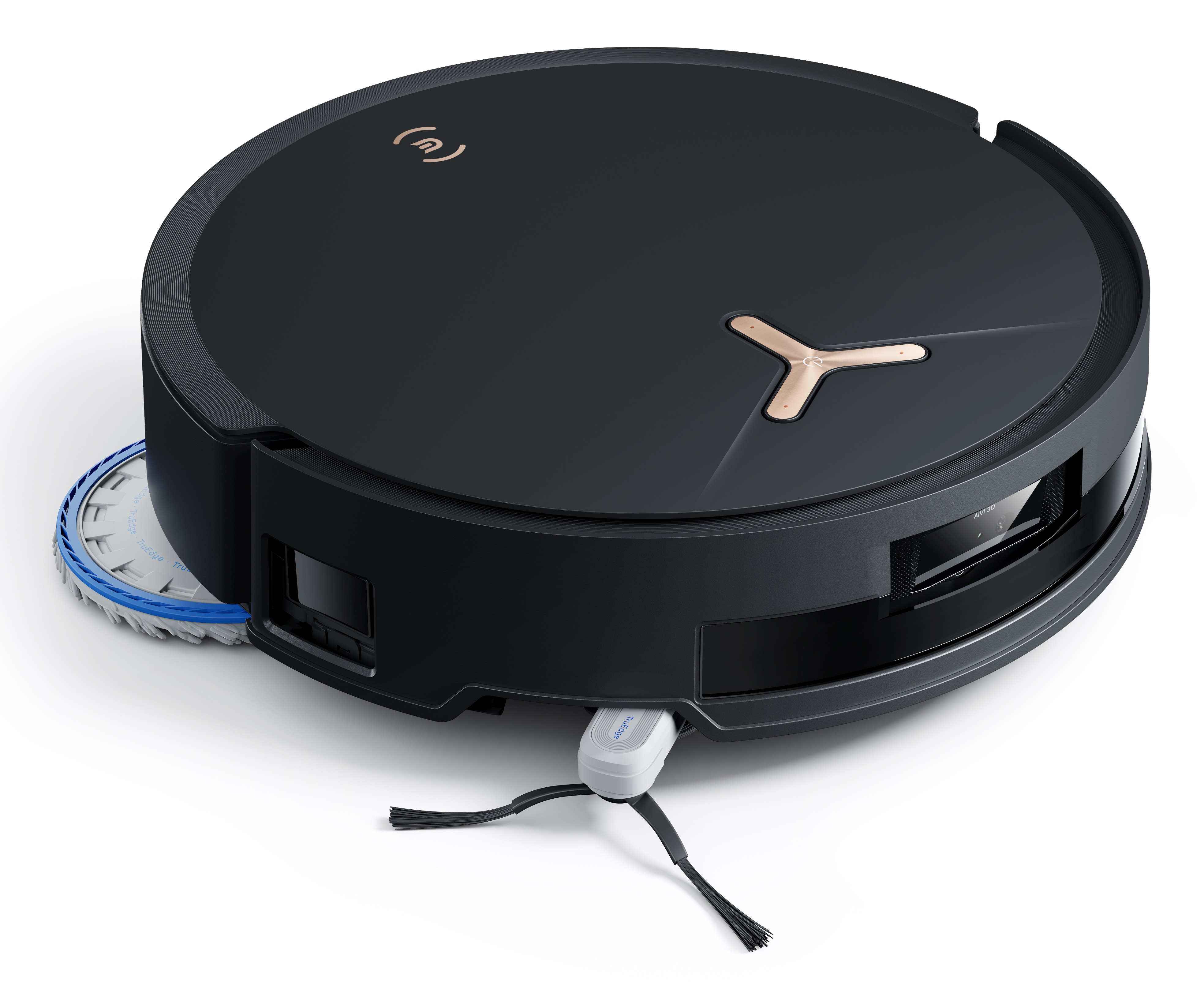 Czarny robot odkurzający ze złotym akcentem na górze. Widoczna jest również szczotka i szczotka boczna.