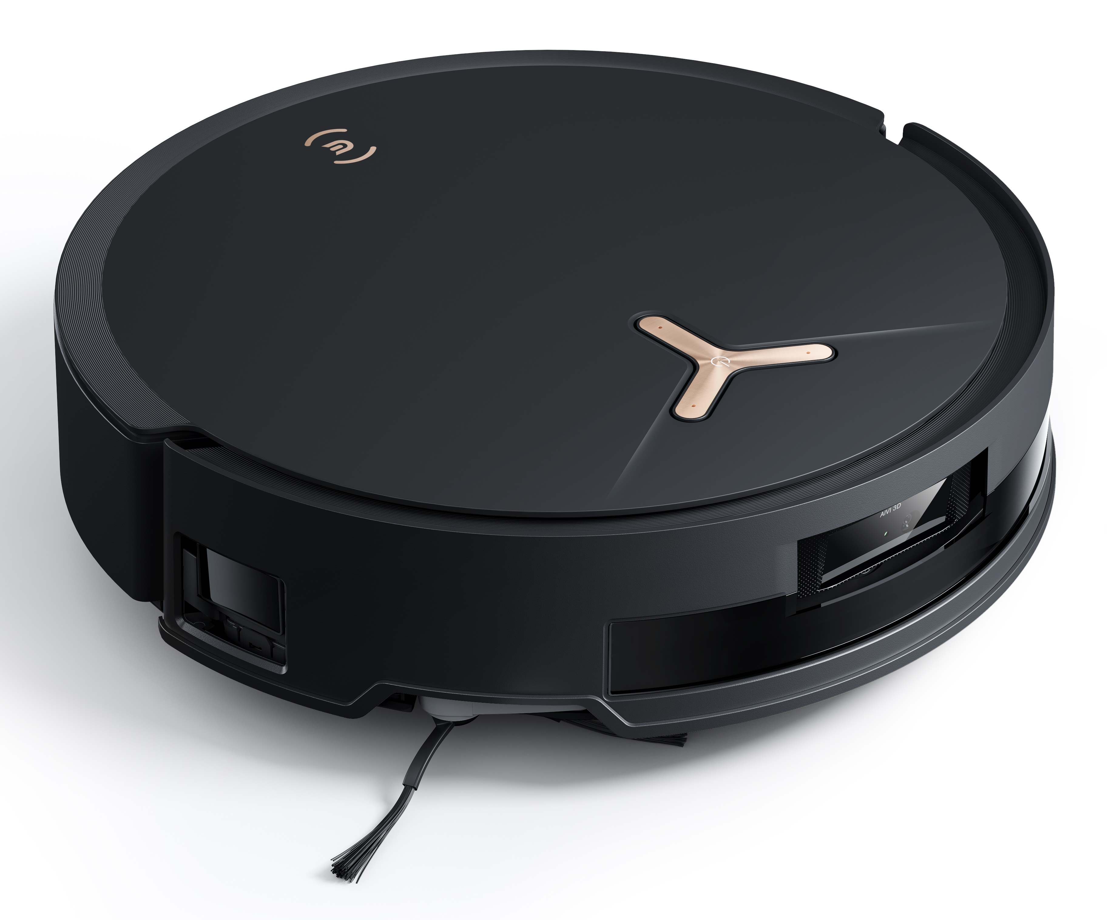 Czarny robot sprzątający ze złotymi akcentami, widok z góry. Stoi na białej powierzchni.
