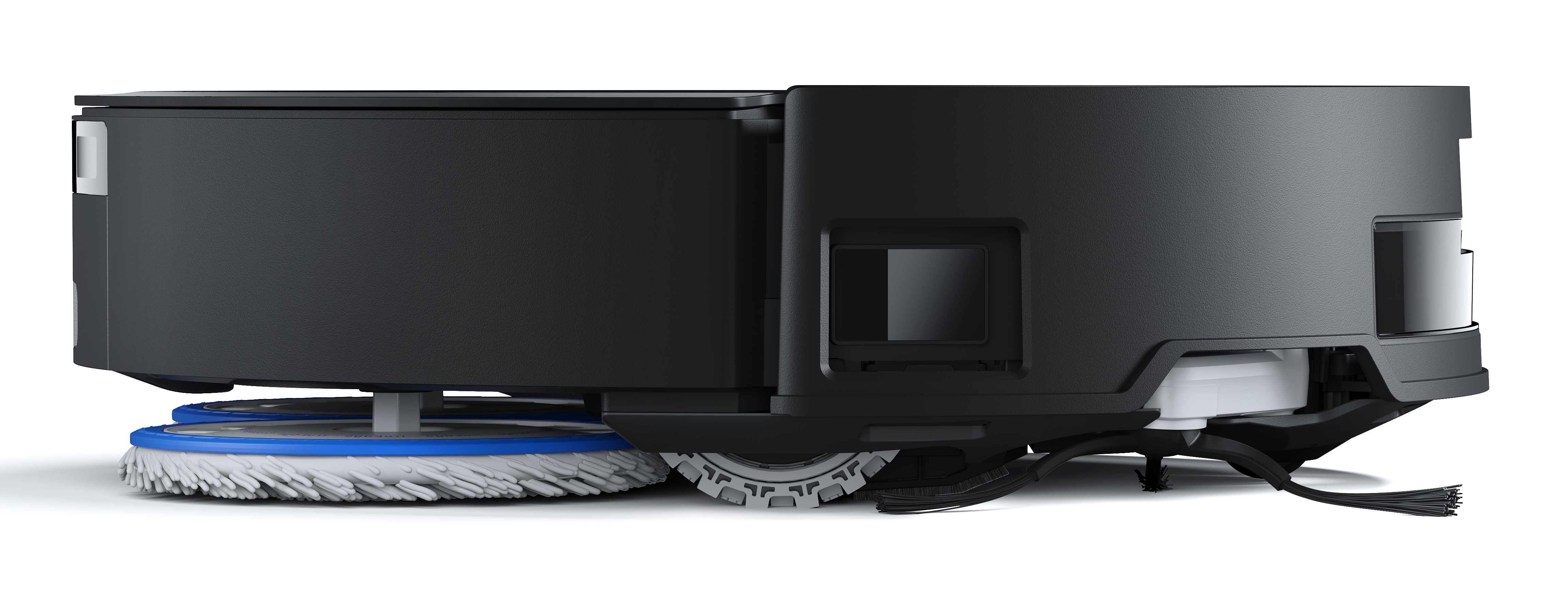 Czarny i szary robot sprzątający. Ma prostokątny korpus z nakładkami czyszczącymi i szczotką na białym tle.