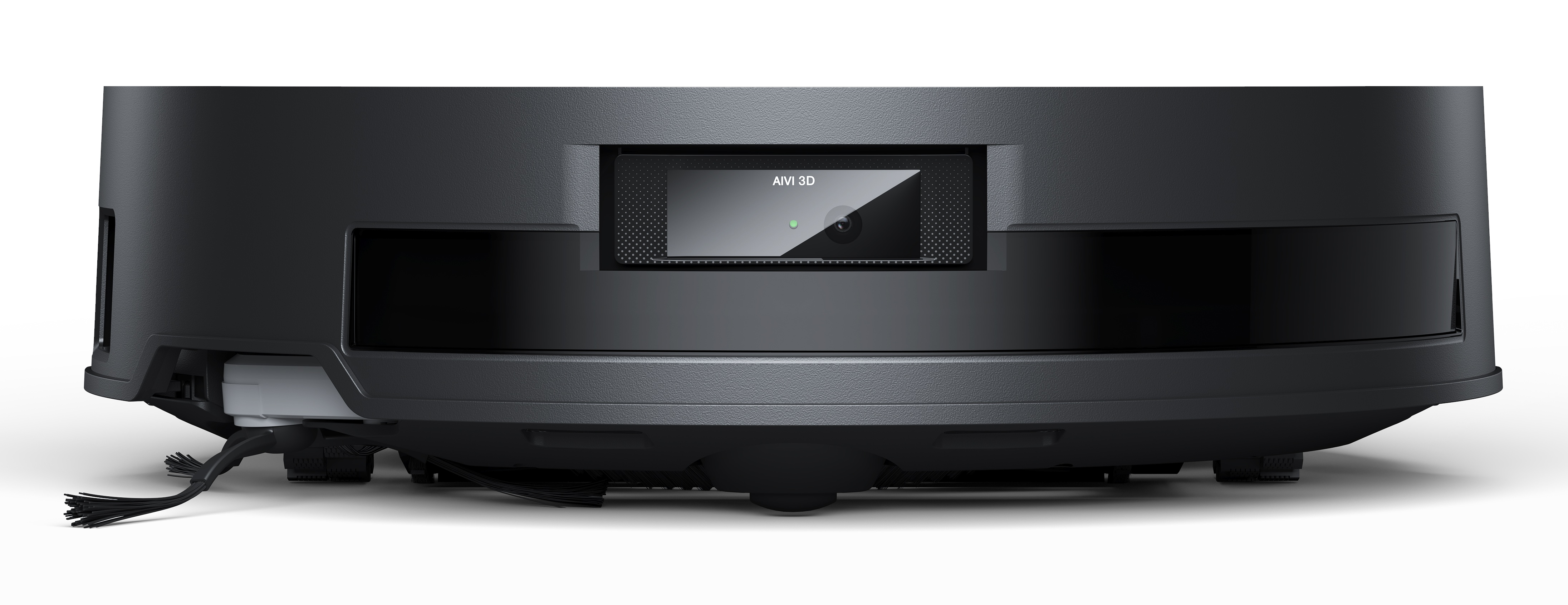 Czarny robot odkurzający. Ma przednią kamerę z napisem AIVI 3D i obrotową szczotkę. Tło jest białe.