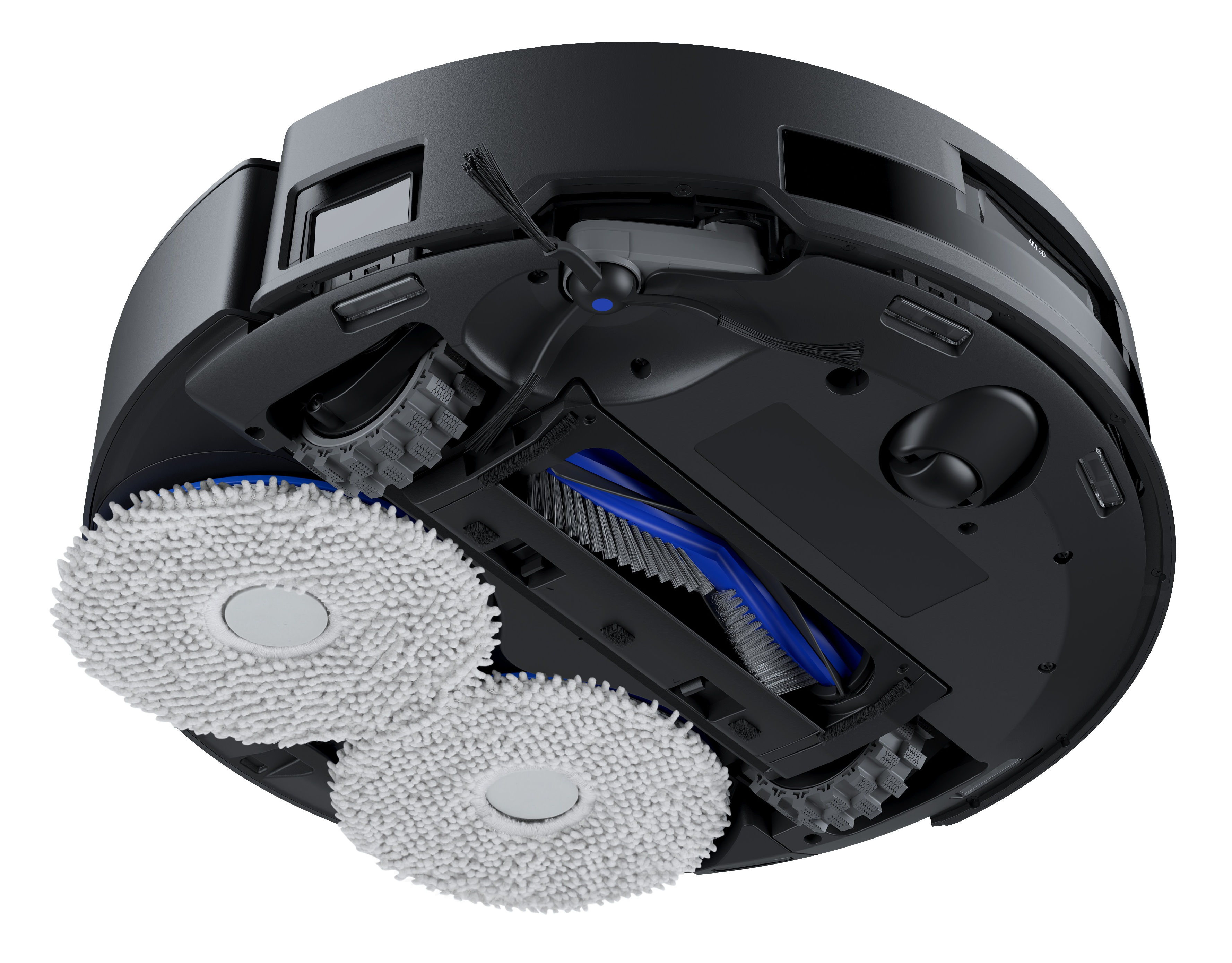 Spód robota odkurzającego. Posiada szczotki, nakładki do mopowania, koła i czujniki, wszystko w kolorach czarnym, niebieskim i szarym.
