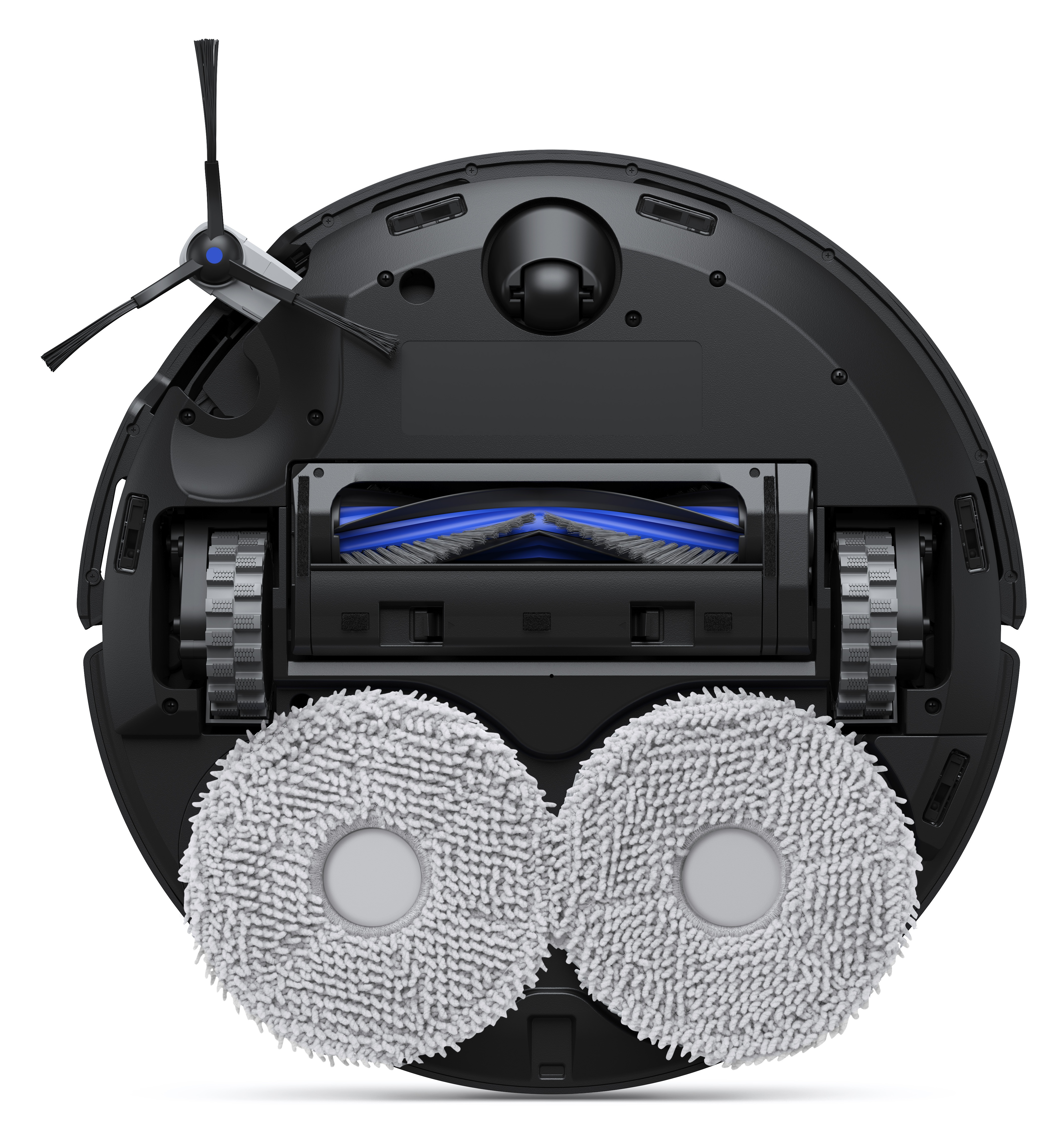 Czarny robot odkurzający ze szczotkami, kołami i dwoma okrągłymi mopami na białym tle. Niebieskie i szare detale.
