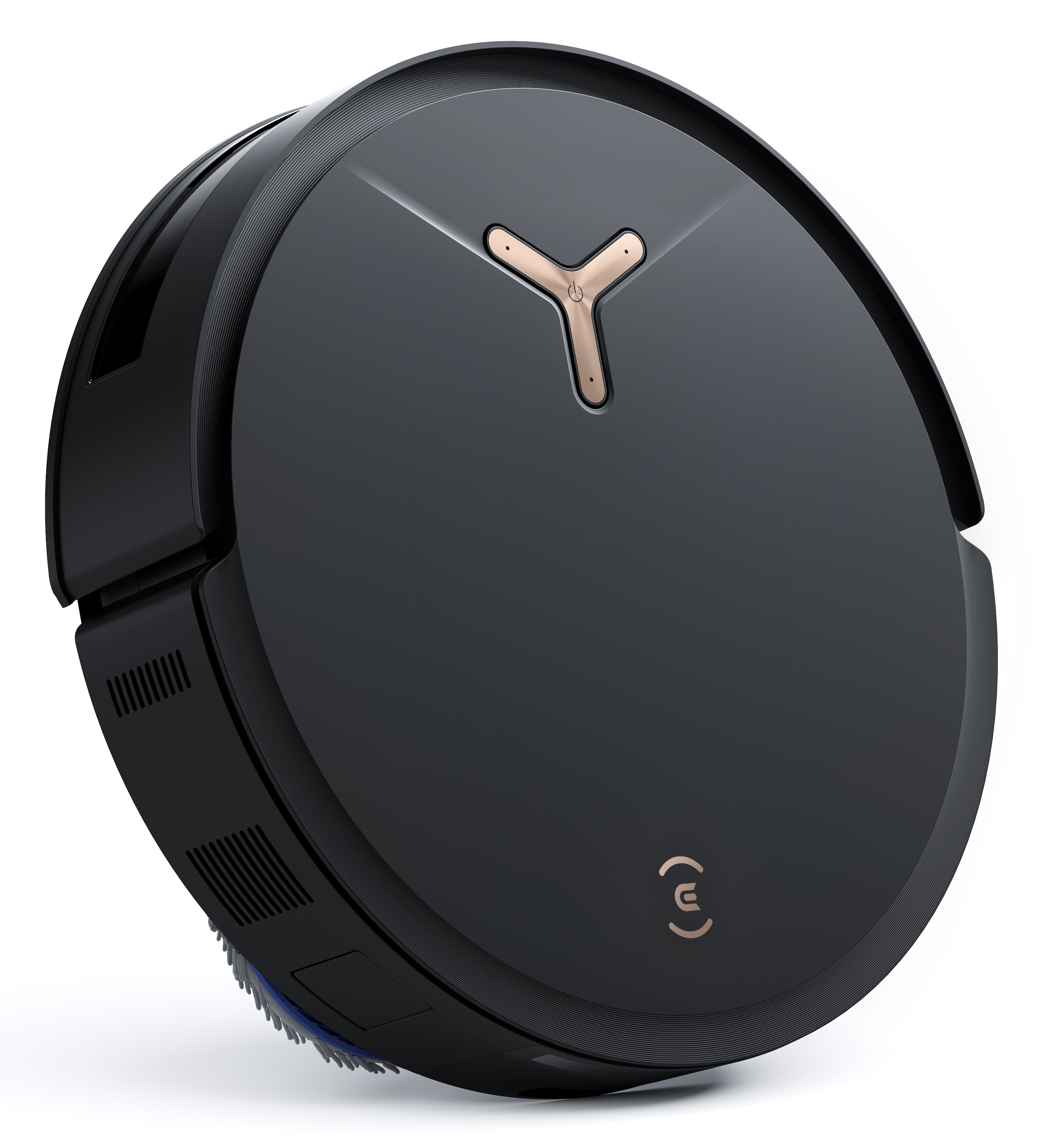 Czarny i złoty robot odkurzający na białej powierzchni. Ma okrągły kształt ze złotym akcentem.