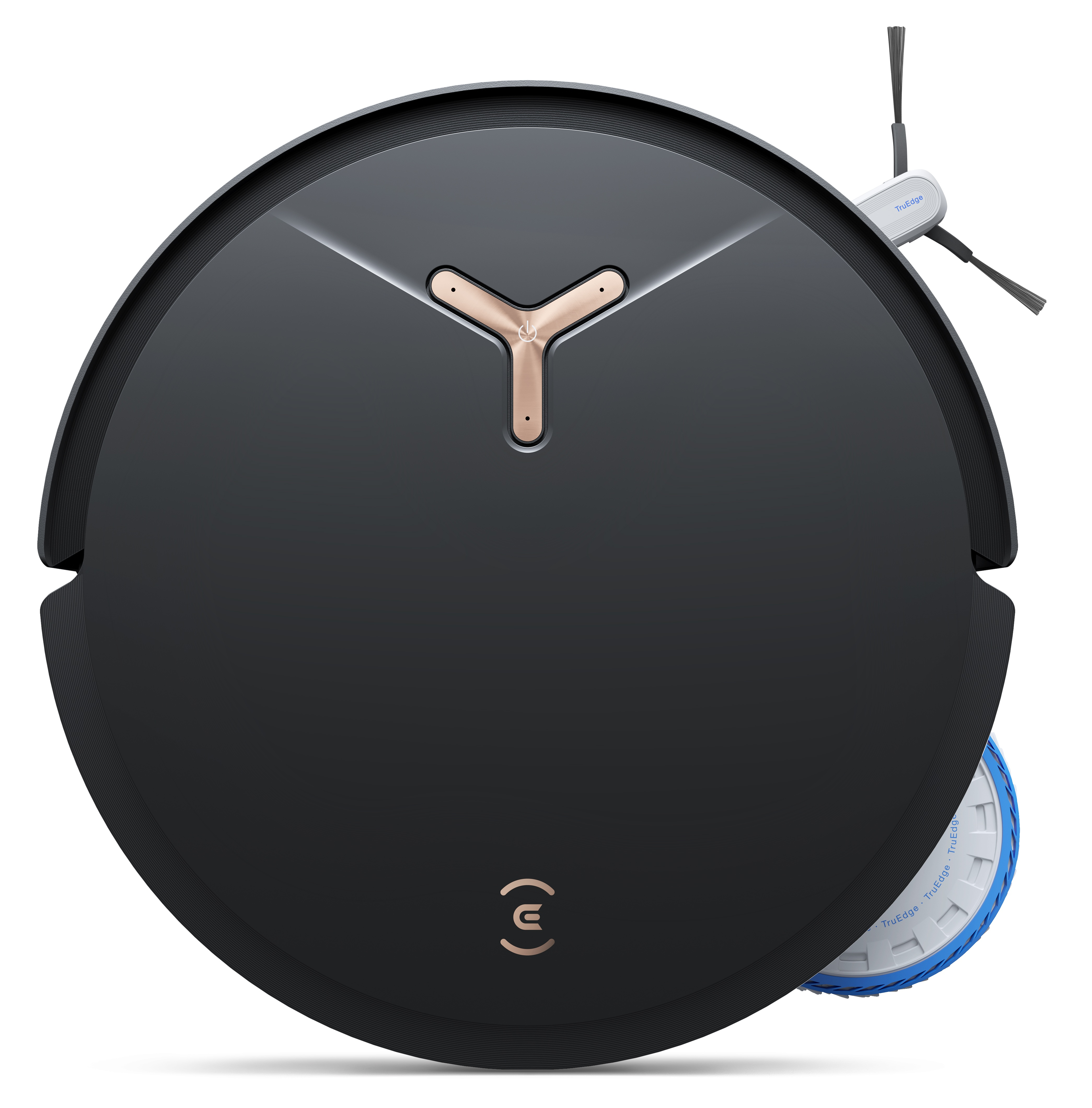 Czarny i złoty robot odkurzający z niebiesko-białym kołem. Posiada szczotki i złoty przycisk zasilania.