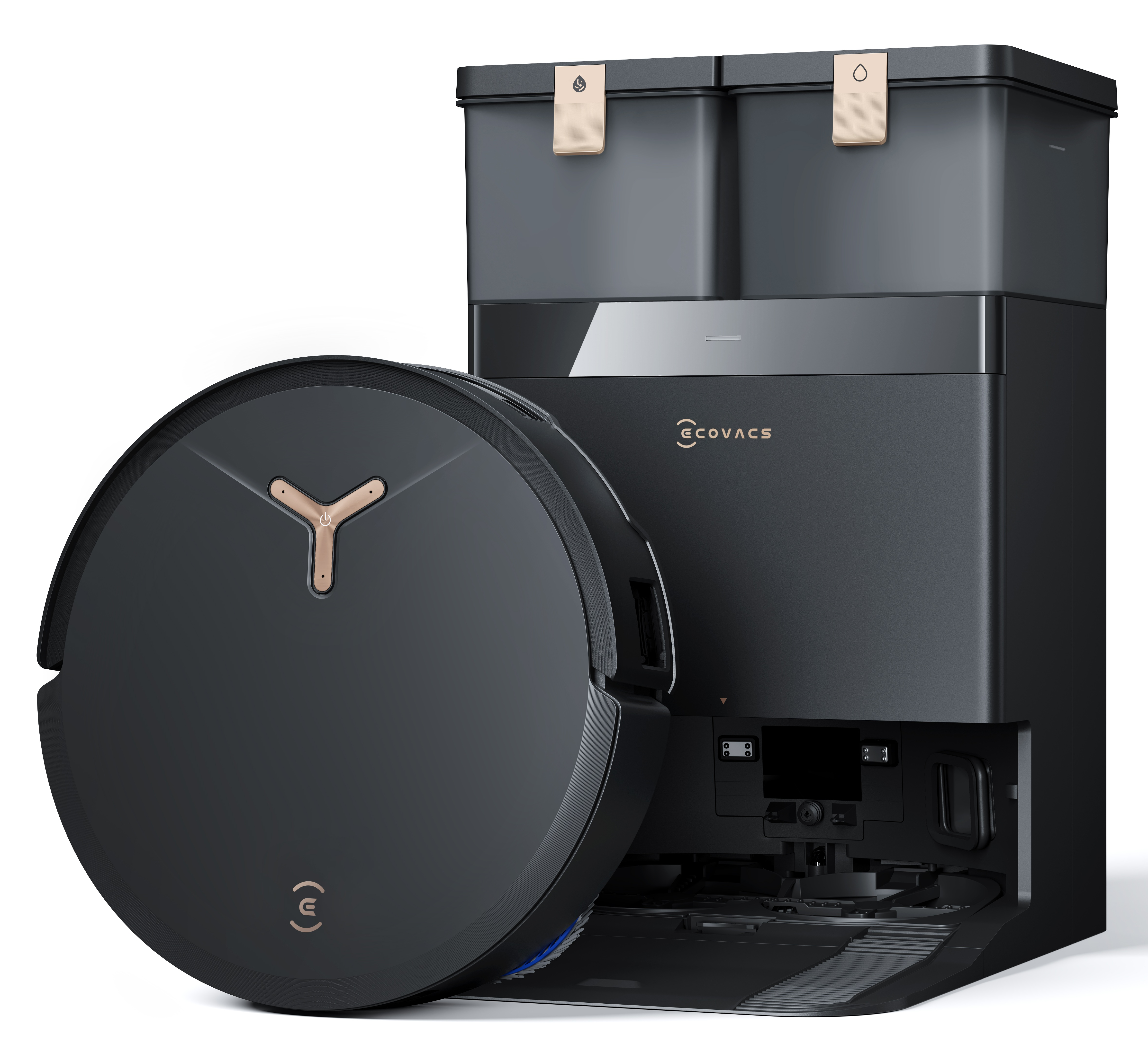 Czarny odkurzacz automatyczny obok czarnej stacji ładującej ze złotymi akcentami.