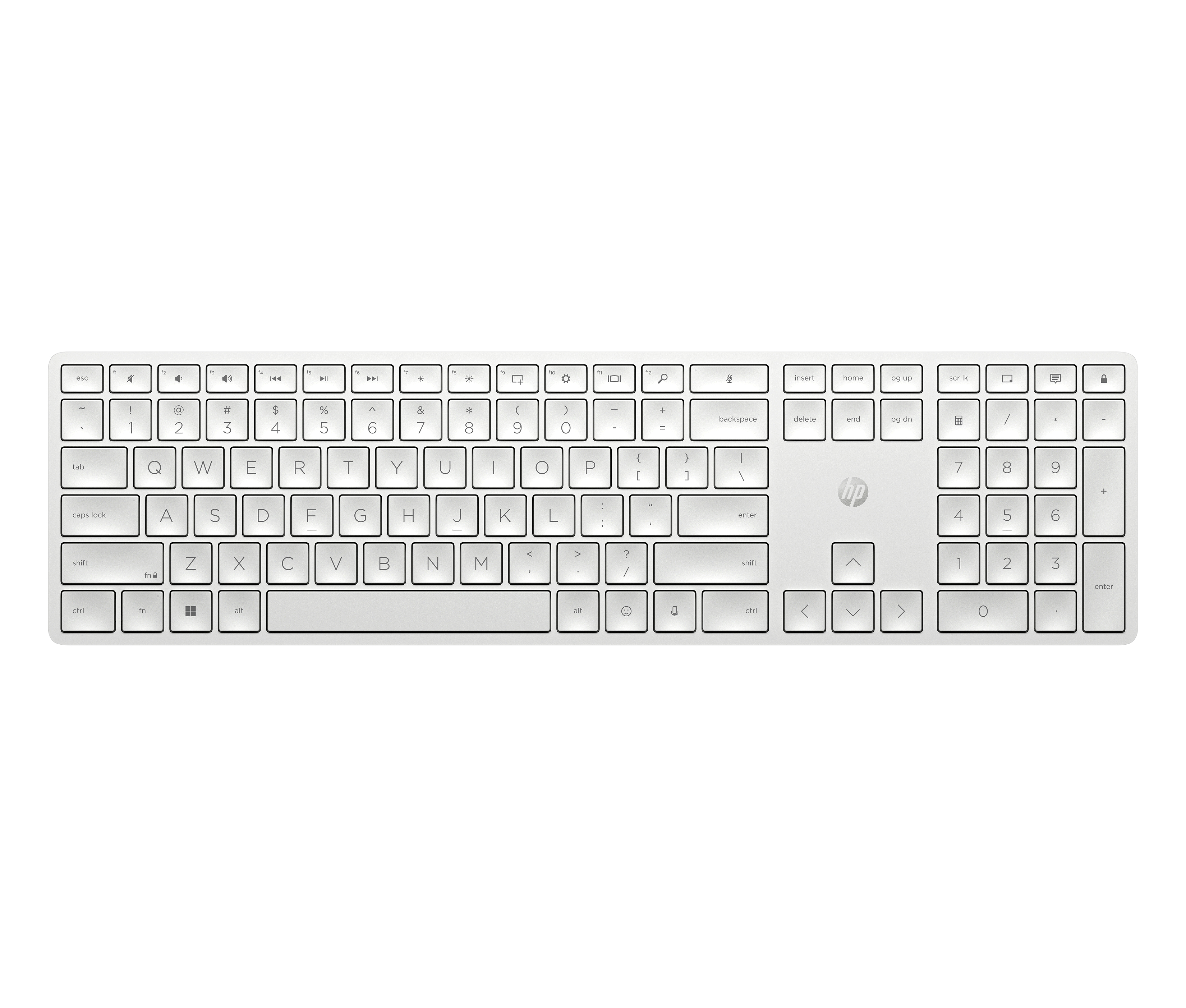 Weiße HP-Tastatur mit Tasten. Buchstaben, Zahlen und Symbole sind sichtbar.