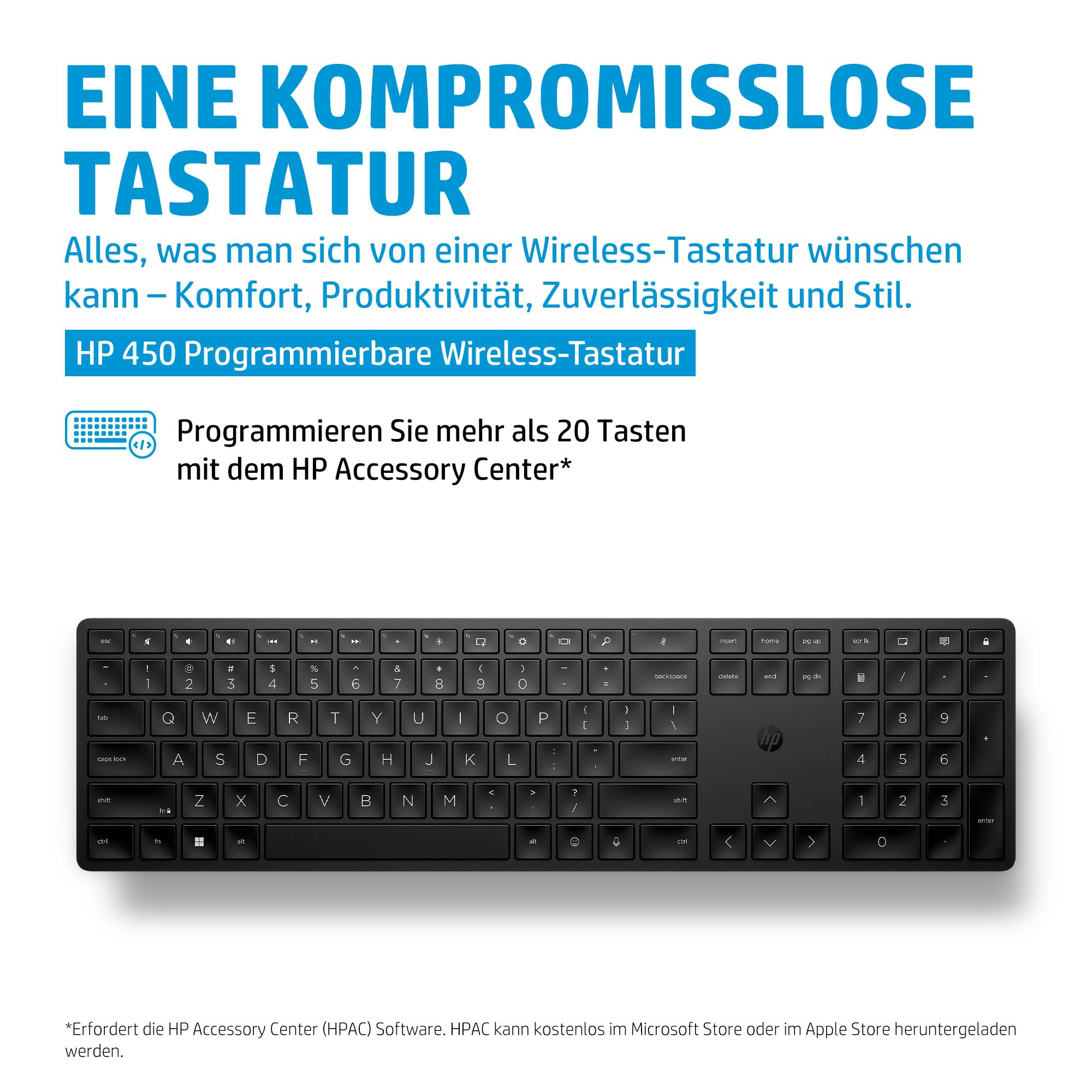 Schwarze, kabellose Tastatur, Produktaufnahme. Text: HP 450, programmierbar. Tasten: Zahlen, Buchstaben und Sonderzeichen.