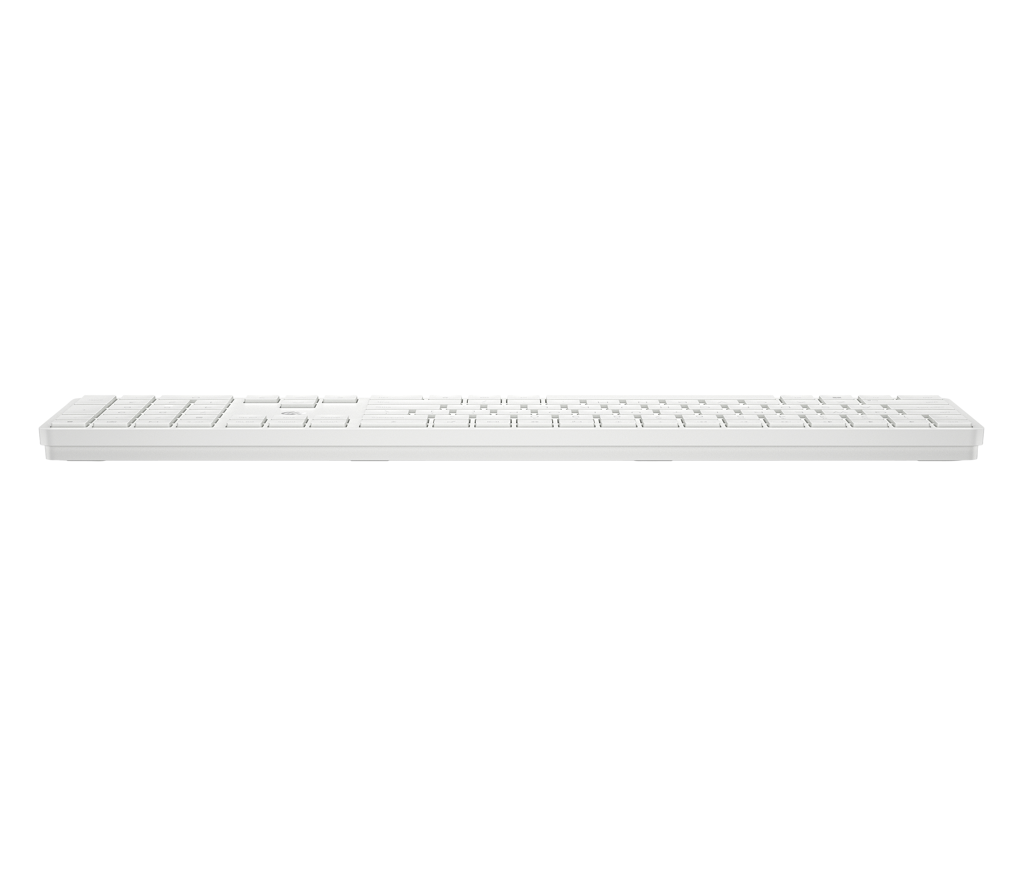 Eine weiße, rechteckige Tastatur ist auf weißem Hintergrund zentriert. Tasten sind sichtbar. Die Tastatur scheint neu zu sein.